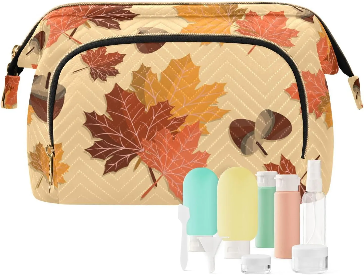 Seamless Autumn Falling Leaves with Acorns Women Cosmetic Bag Makeup Bag Stylish Trip Beauty Bag Travel Toiletry Bag with Bottle Organizer 10.2 x 5.9 x 6.7 inch
