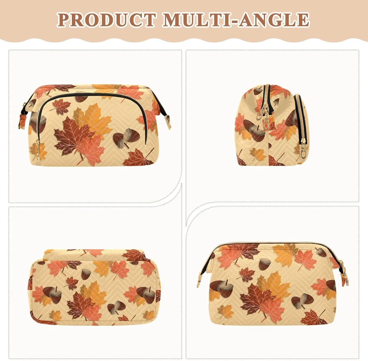 Seamless Autumn Falling Leaves with Acorns Women Cosmetic Bag Makeup Bag Stylish Trip Beauty Bag Travel Toiletry Bag with Bottle Organizer 10.2 x 5.9 x 6.7 inch