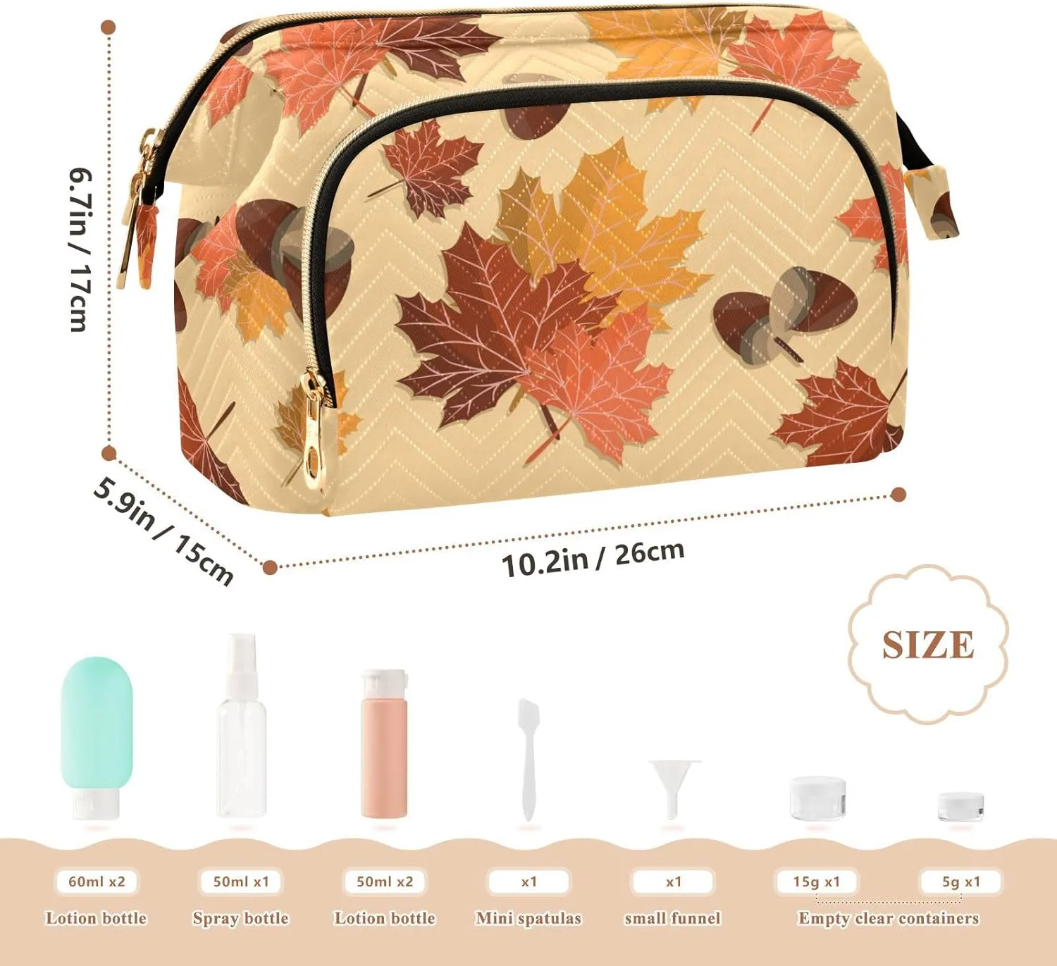 Seamless Autumn Falling Leaves with Acorns Women Cosmetic Bag Makeup Bag Stylish Trip Beauty Bag Travel Toiletry Bag with Bottle Organizer 10.2 x 5.9 x 6.7 inch