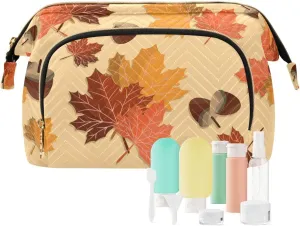 Seamless Autumn Falling Leaves with Acorns Women Cosmetic Bag Makeup Bag Stylish Trip Beauty Bag Travel Toiletry Bag with Bottle Organizer 10.2 x 5.9 x 6.7 inch