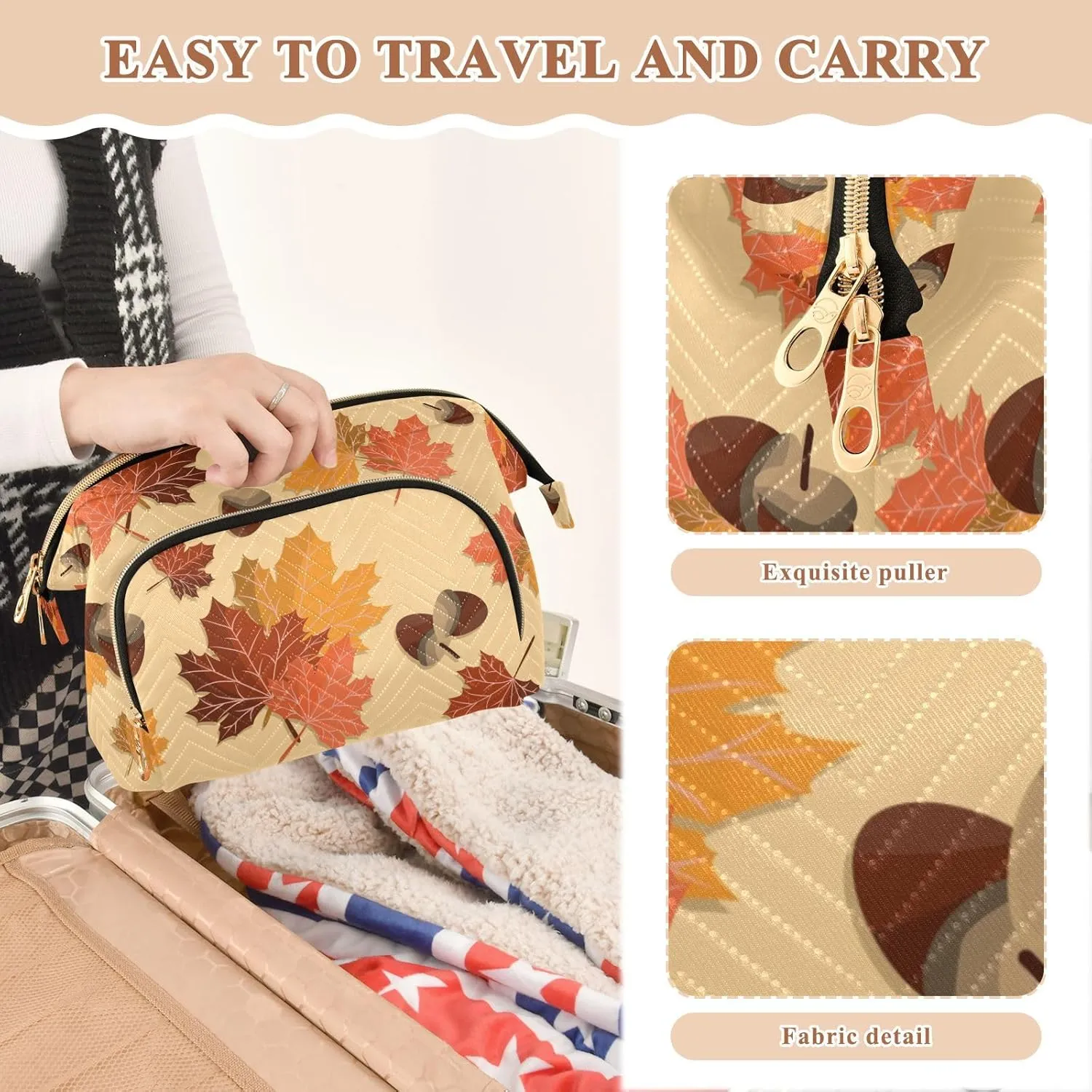 Seamless Autumn Falling Leaves with Acorns Women Cosmetic Bag Makeup Bag Stylish Trip Beauty Bag Travel Toiletry Bag with Bottle Organizer 10.2 x 5.9 x 6.7 inch
