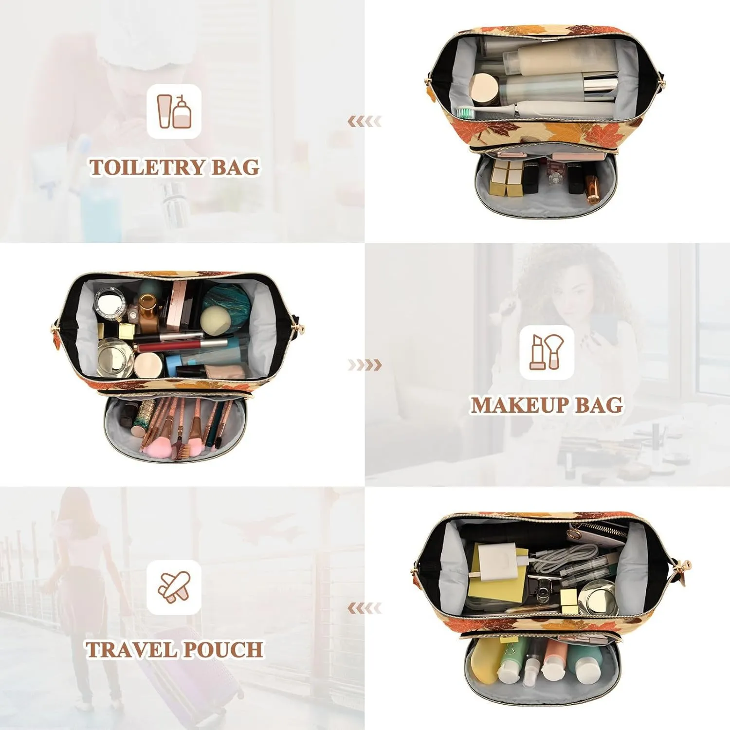 Seamless Autumn Falling Leaves with Acorns Women Cosmetic Bag Makeup Bag Stylish Trip Beauty Bag Travel Toiletry Bag with Bottle Organizer 10.2 x 5.9 x 6.7 inch