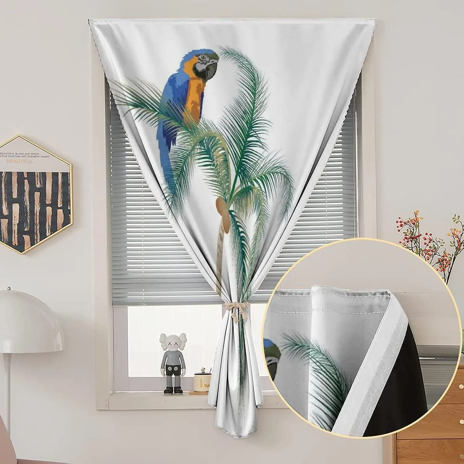 Self Adhesive Portable Blackout Curtains, Parrots Decor Room Darkening Curtains, Parrot Sitting on Coconut Palm Tree Exotic Design Print Temporary Blackout Blinds,47W x63L Inches,for Bathroom Bedroom