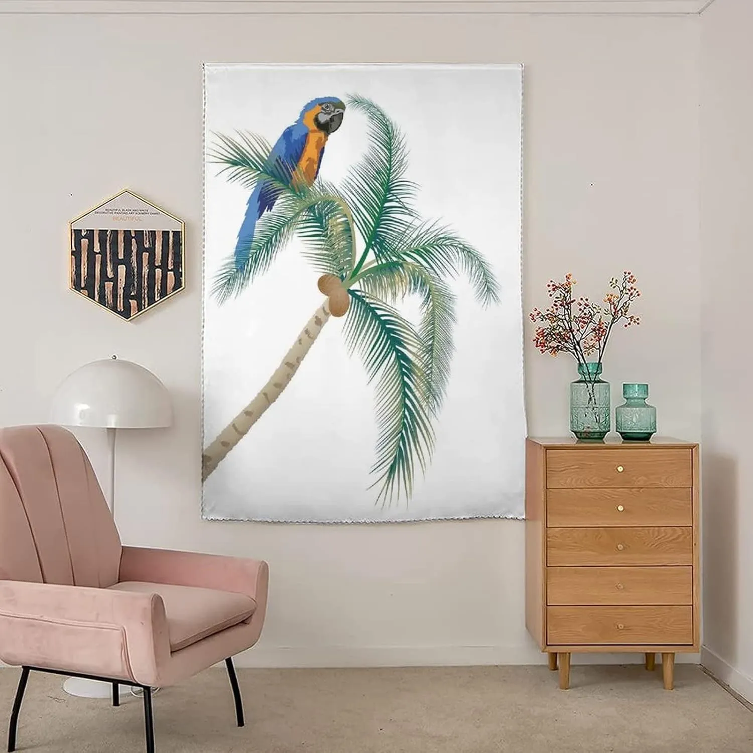 Self Adhesive Portable Blackout Curtains, Parrots Decor Room Darkening Curtains, Parrot Sitting on Coconut Palm Tree Exotic Design Print Temporary Blackout Blinds,47W x63L Inches,for Bathroom Bedroom