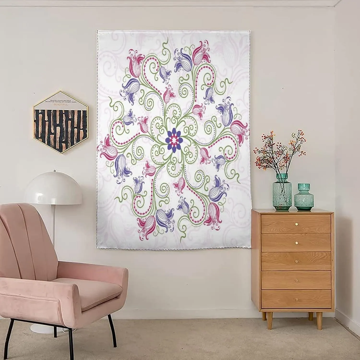 Self Adhesive Portable Blackout Curtains, Purple Mandala Room Darkening Curtains, Classic Shabby Chic with Eastern Swirled Tulip Flowers Print Temporary Blackout Blinds,59W x84L Inches, for Bathroom