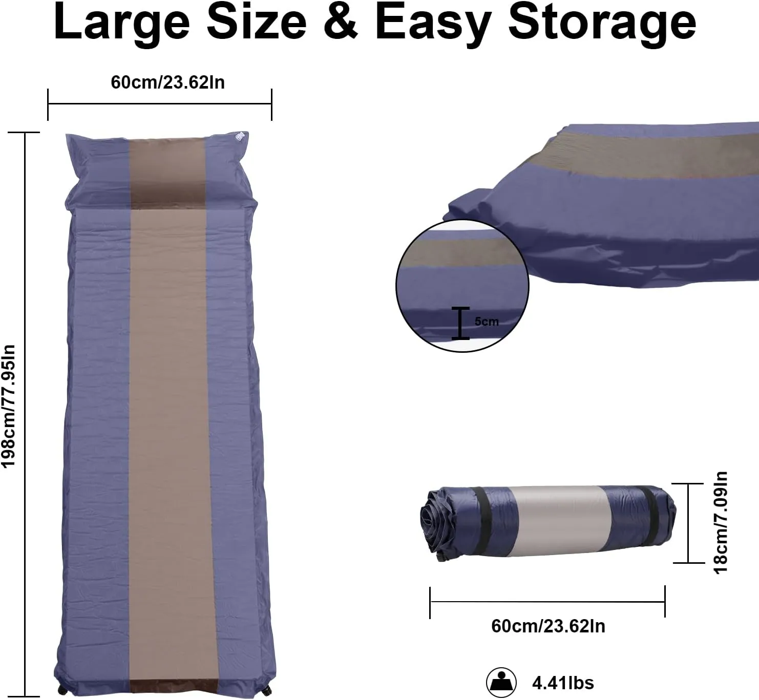 Self-Inflating Sleeping Pad with Pillow, Lightweight Camping Mattress Pad, Sleeping Mat Compact for Tent, Camping, Backpacking, Hiking and Traveling (Blue, 1 Pack)