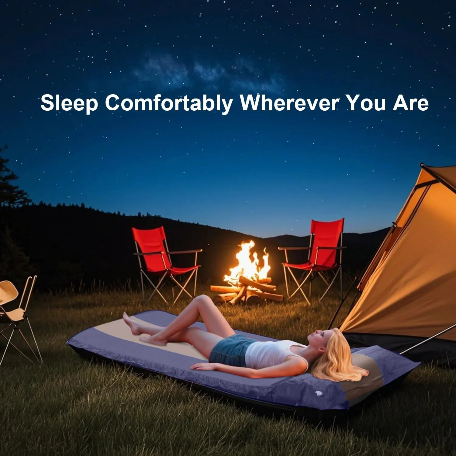 Self-Inflating Sleeping Pad with Pillow, Lightweight Camping Mattress Pad, Sleeping Mat Compact for Tent, Camping, Backpacking, Hiking and Traveling (Blue, 1 Pack)