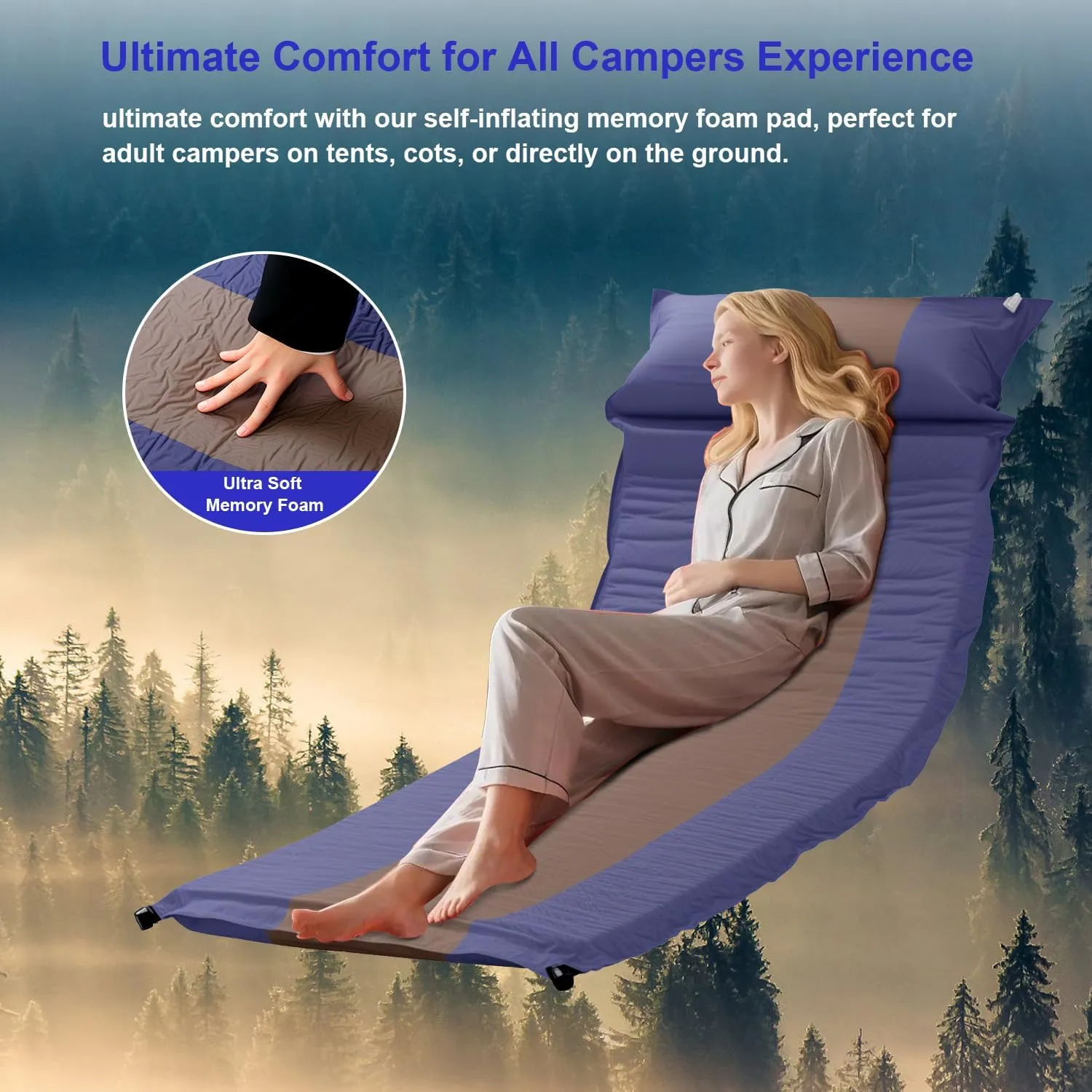 Self-Inflating Sleeping Pad with Pillow, Lightweight Camping Mattress Pad, Sleeping Mat Compact for Tent, Camping, Backpacking, Hiking and Traveling (Blue, 1 Pack)
