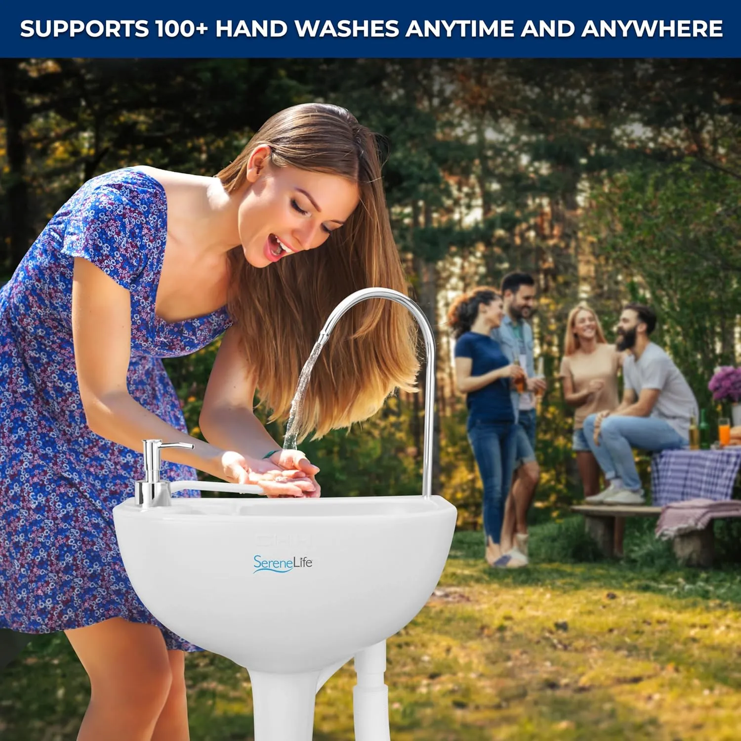 SereneLife Portable Camping Sink with 19L (5  Gallon) Water Tank, Hands-Free Foot Pump, Soap Dispenser & Towel Holder, Compact Design with Carry Handle – Perfect for Camping, Worksites, Outdoors
