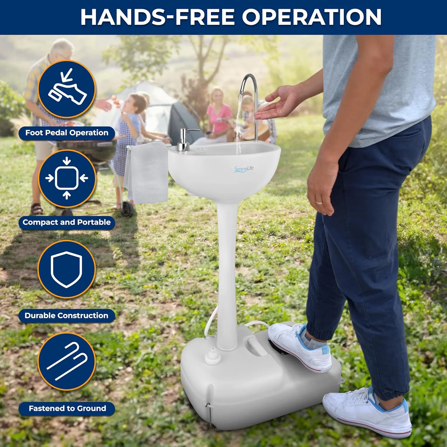 SereneLife Portable Camping Sink with 19L (5  Gallon) Water Tank, Hands-Free Foot Pump, Soap Dispenser & Towel Holder, Compact Design with Carry Handle – Perfect for Camping, Worksites, Outdoors