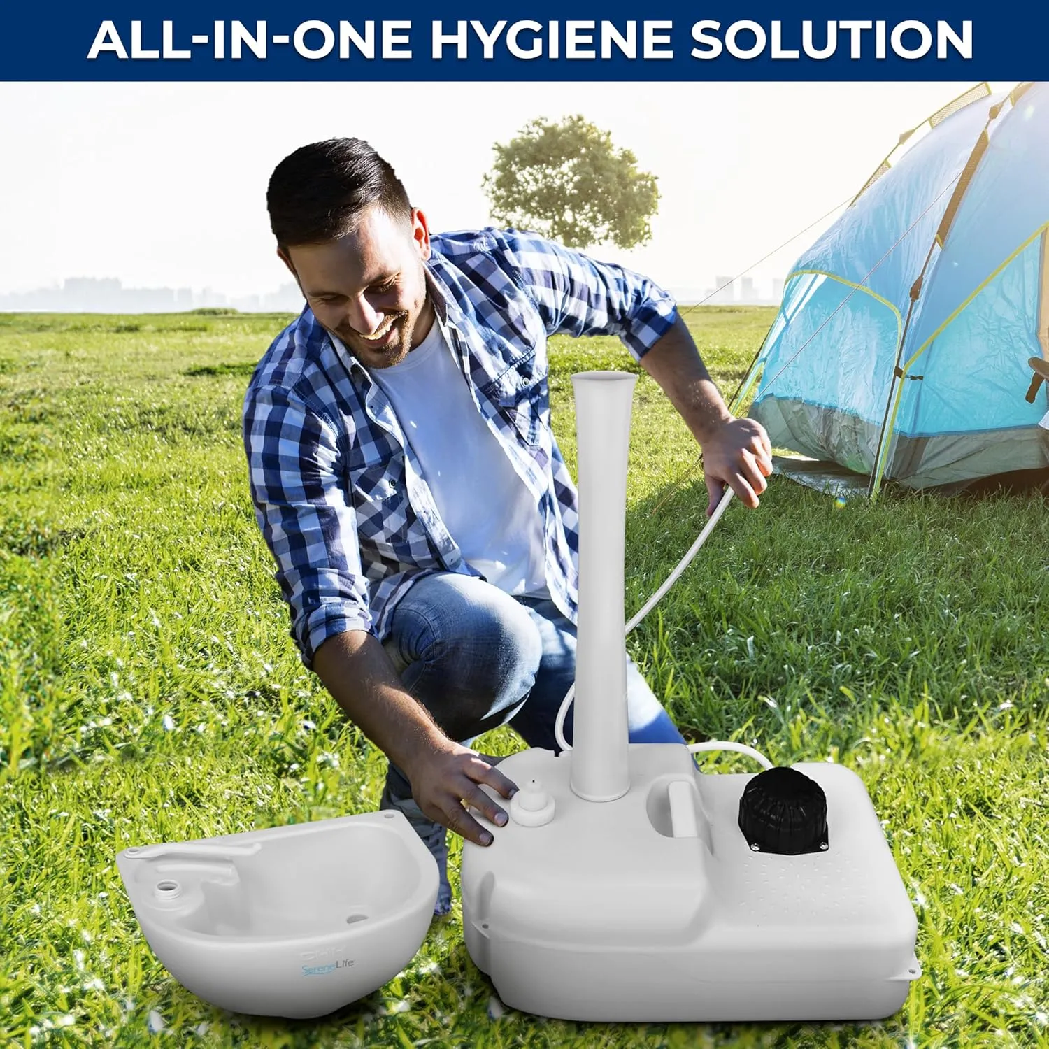 SereneLife Portable Camping Sink with 19L (5  Gallon) Water Tank, Hands-Free Foot Pump, Soap Dispenser & Towel Holder, Compact Design with Carry Handle – Perfect for Camping, Worksites, Outdoors