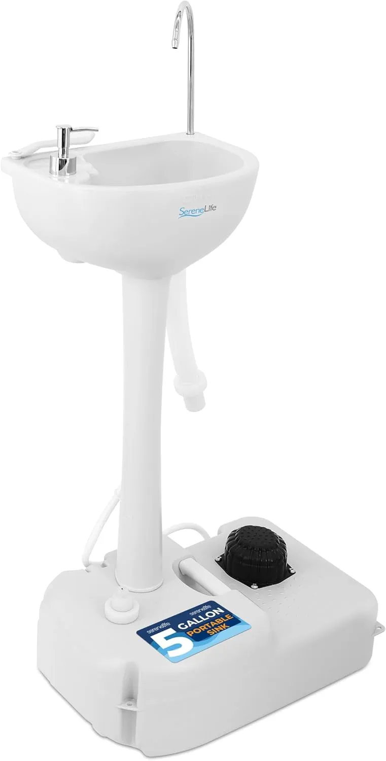 SereneLife Portable Camping Sink with 19L (5  Gallon) Water Tank, Hands-Free Foot Pump, Soap Dispenser & Towel Holder, Compact Design with Carry Handle – Perfect for Camping, Worksites, Outdoors