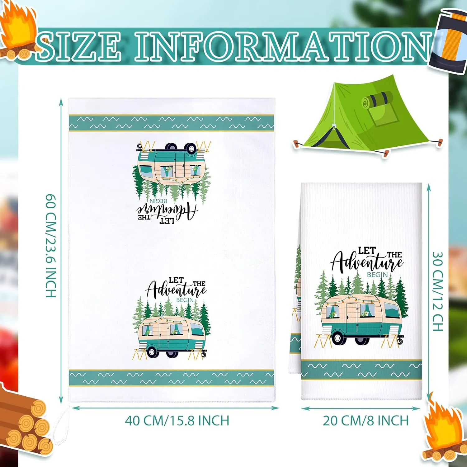Set of 6 Camping Kitchen Towels White Absorbent Dishcloth Bonfire Tent Car Tea Towels 24 x 16 Inches with Funny Sayings Novelty Gifts for Campers Happy Camper Camping Accessories for Rv Campers