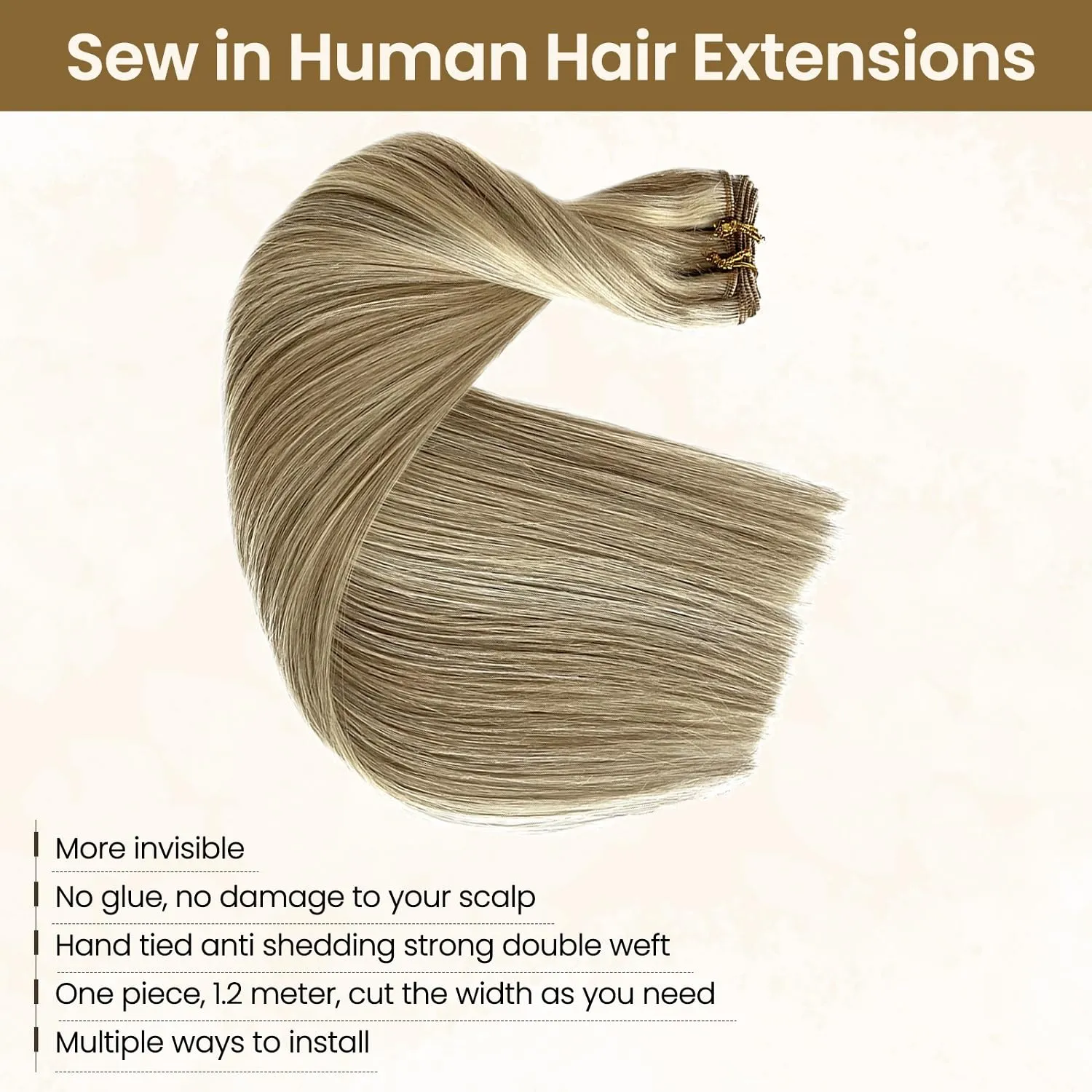 Sew in Human Hair Weft Extensions Ash Blonde to Platinum Blonde Brazilian Virgin Human Hair Bundles for White Women Sew in Hair Extensions Real Human Hair Wefts Hand Tied Weft Hair Extensions 16 Inch