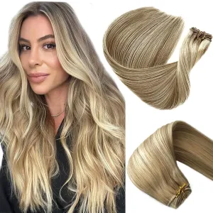 Sew in Human Hair Weft Extensions Ash Blonde to Platinum Blonde Brazilian Virgin Human Hair Bundles for White Women Sew in Hair Extensions Real Human Hair Wefts Hand Tied Weft Hair Extensions 16 Inch