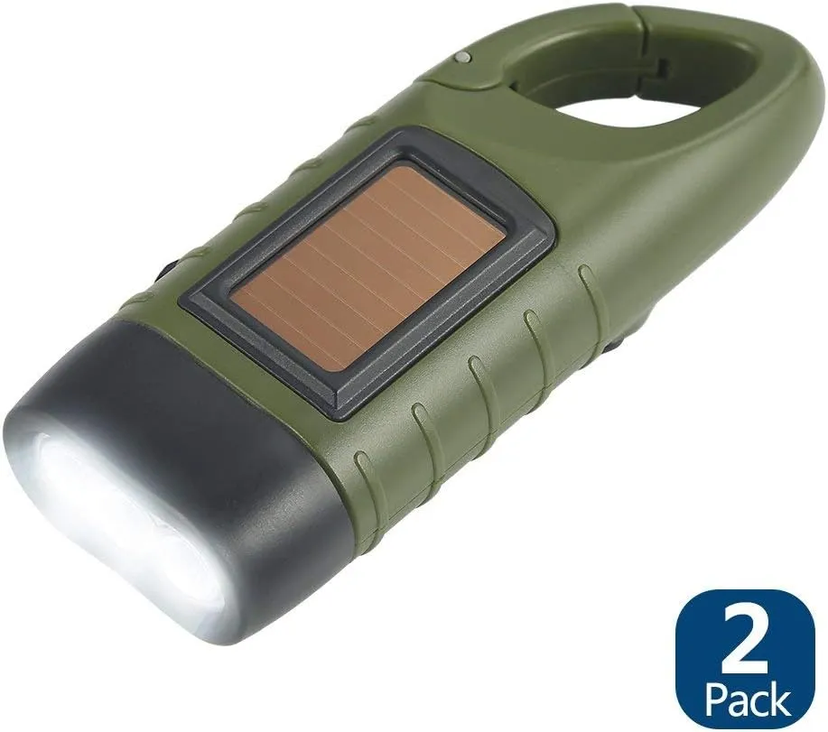 Simpeak 2-Pack Hand Crank Solar Powered Flashlight, Emergency Rechargeable LED Flashlight, Survival Flashlight, Quick Snap Carbiner Dynamo Flashlight Torch for Outdoor Sports