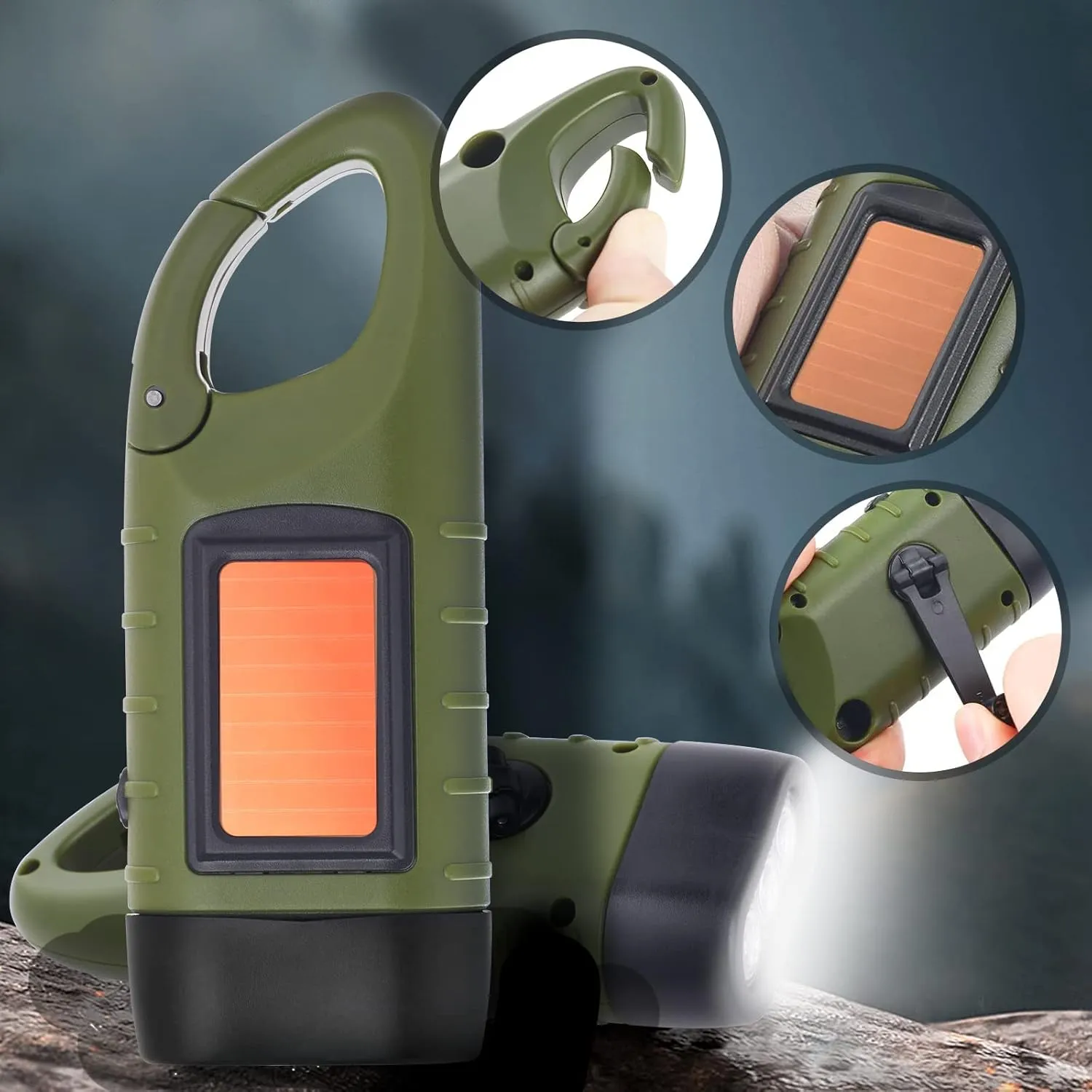 Simpeak 2-Pack Hand Crank Solar Powered Flashlight, Emergency Rechargeable LED Flashlight, Survival Flashlight, Quick Snap Carbiner Dynamo Flashlight Torch for Outdoor Sports