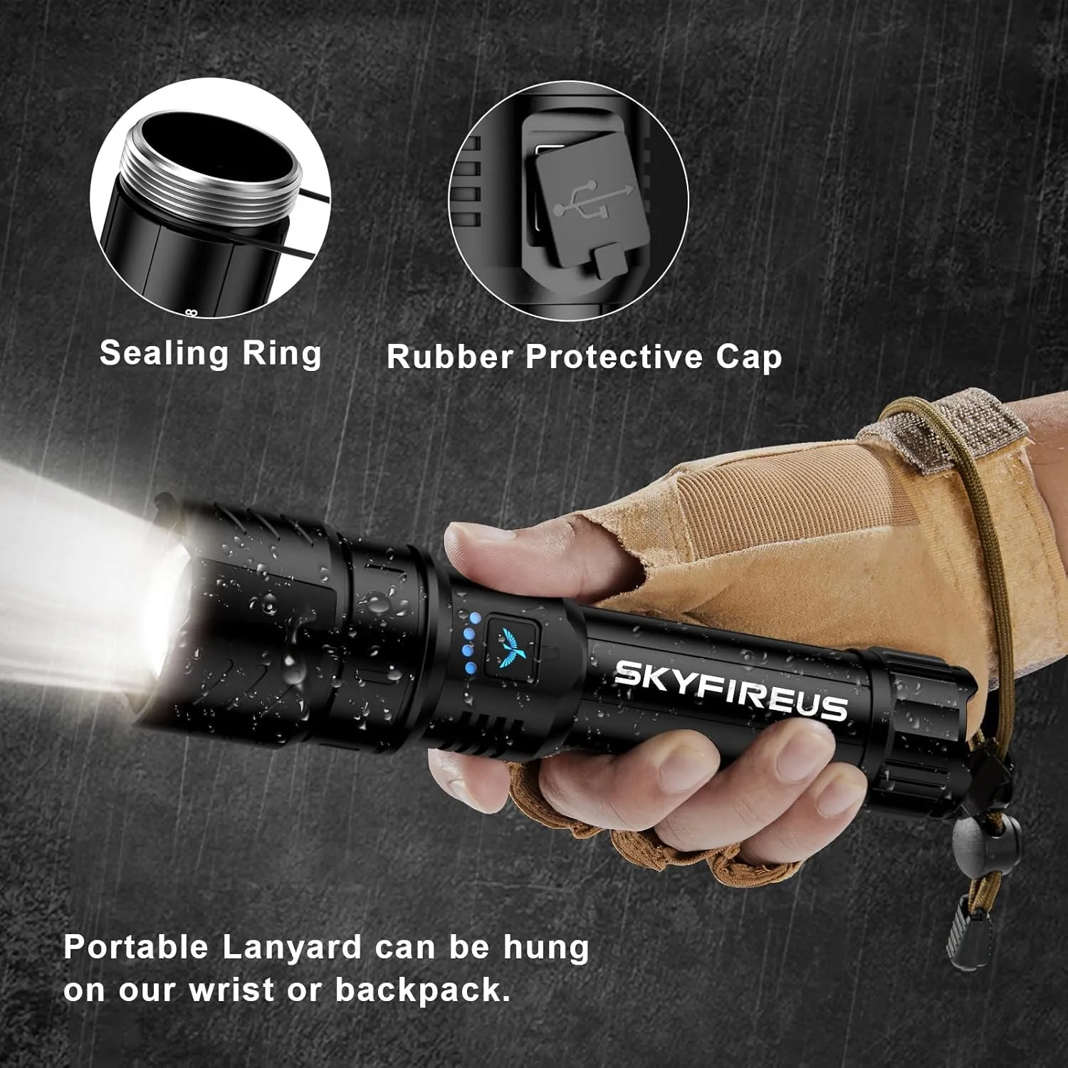 SKYFIRE LED Flashlight High Lumens,Super Bright Rechargeable Flashlight,Zoomable,Four Modes,Waterproof Flash Light for Camping Essentials,Outdoor and Home Emergencies|Father's Day Gifts-No Lens