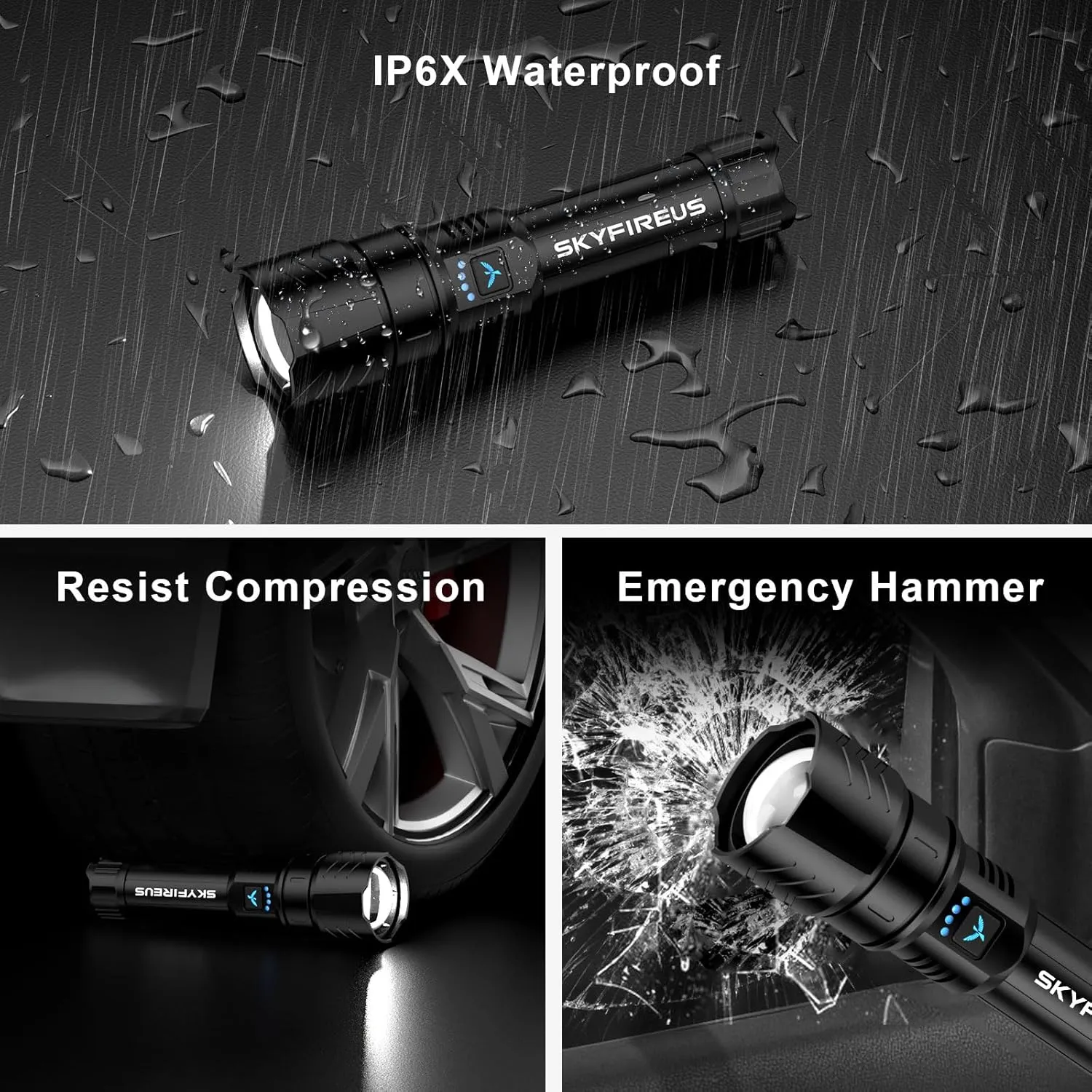 SKYFIRE LED Flashlight High Lumens,Super Bright Rechargeable Flashlight,Zoomable,Four Modes,Waterproof Flash Light for Camping Essentials,Outdoor and Home Emergencies|Father's Day Gifts-No Lens
