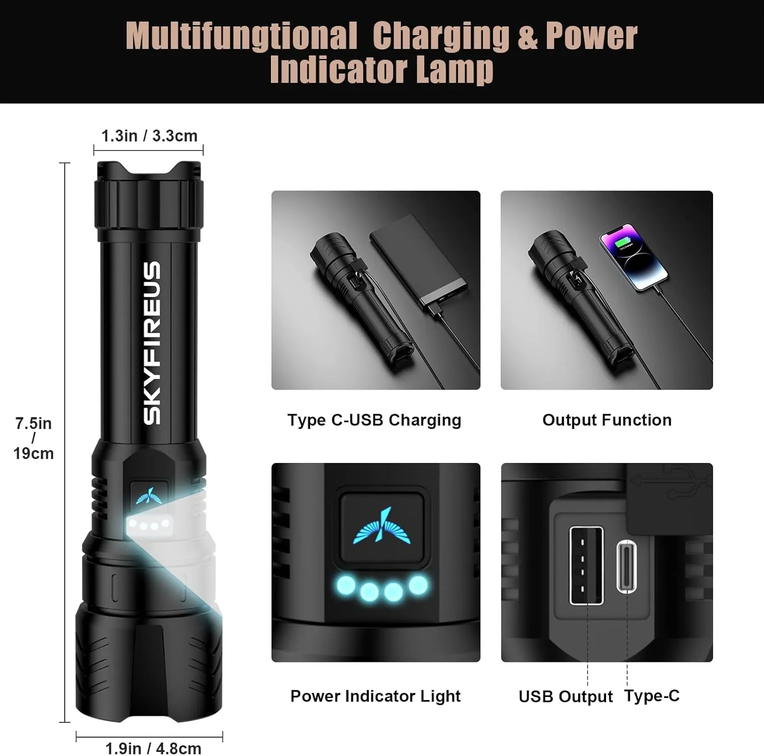 SKYFIRE LED Flashlight High Lumens,Super Bright Rechargeable Flashlight,Zoomable,Four Modes,Waterproof Flash Light for Camping Essentials,Outdoor and Home Emergencies|Father's Day Gifts-No Lens