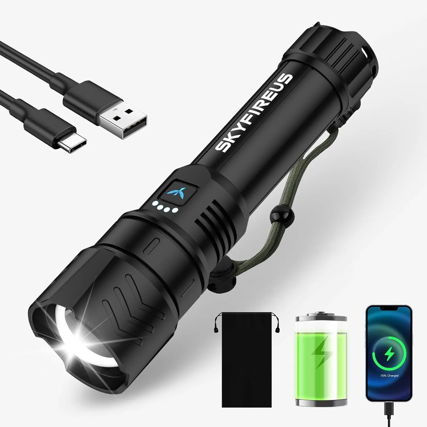 SKYFIRE LED Flashlight High Lumens,Super Bright Rechargeable Flashlight,Zoomable,Four Modes,Waterproof Flash Light for Camping Essentials,Outdoor and Home Emergencies|Father's Day Gifts-No Lens