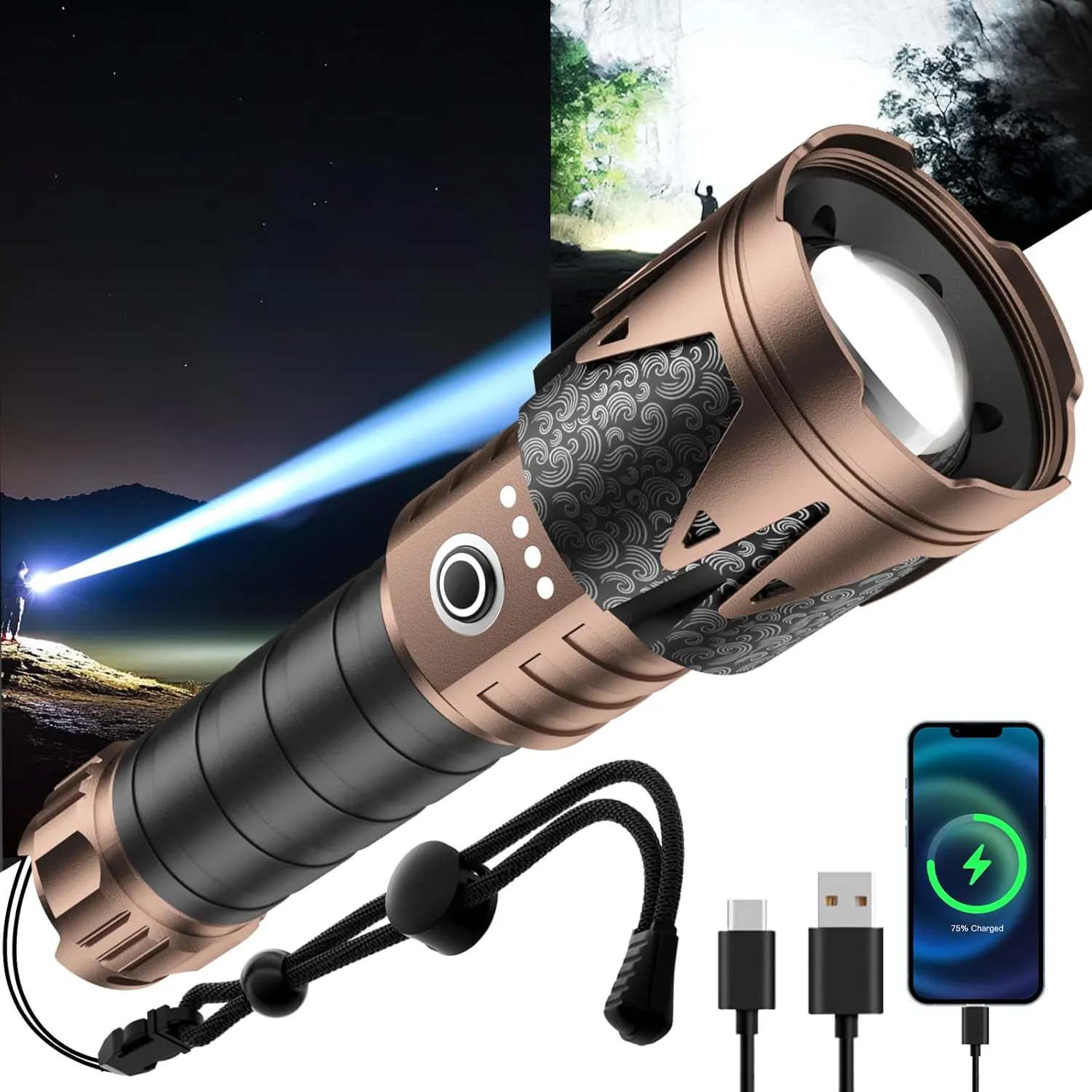 SKYFIRE LED Flashlights High Lumens,20000.00lm Super Bright Tactical Flashlights, Zoomable,Five Modes,Waterproof Flash Light for Camping Essentials,Outdoor,Home,Gifts(Upgraded- No Lens)