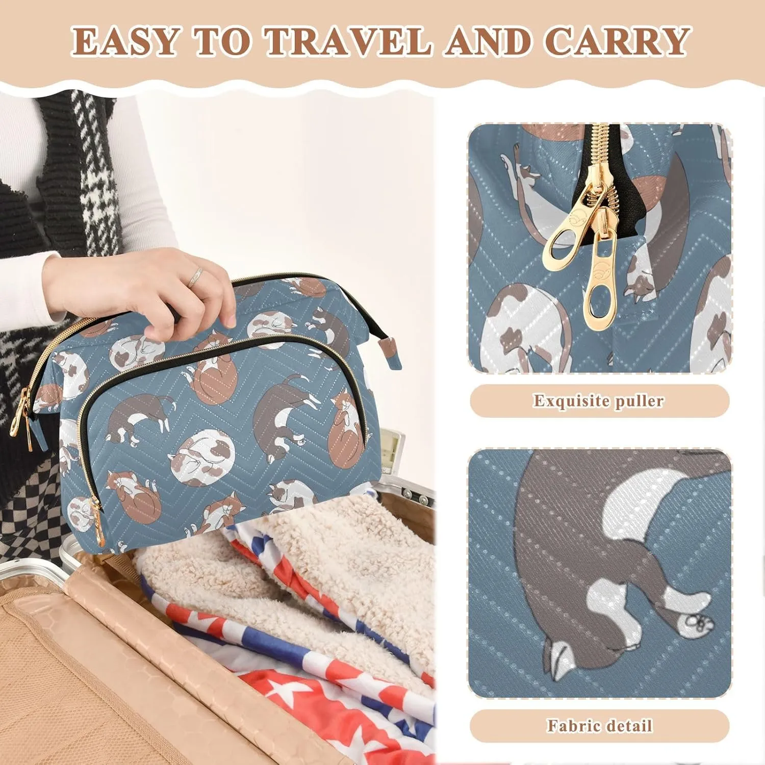 Sleeping Cats in Sleeping Poses on Blue Women Cosmetic Bag Makeup Bag Stylish Trip Beauty Bag Travel Toiletry Bag with Bottle Organizer 10.2 x 5.9 x 6.7 inch