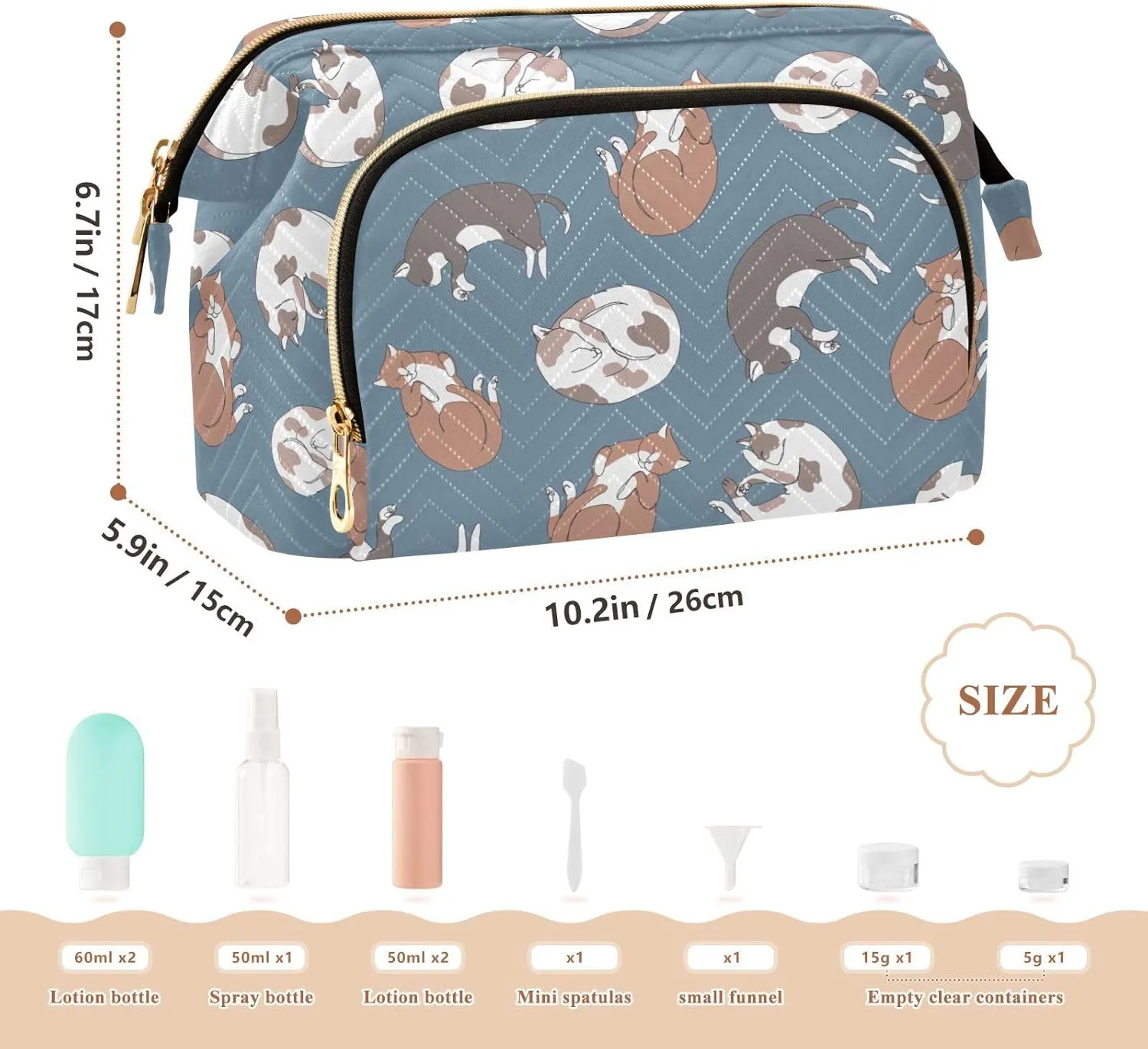 Sleeping Cats in Sleeping Poses on Blue Women Cosmetic Bag Makeup Bag Stylish Trip Beauty Bag Travel Toiletry Bag with Bottle Organizer 10.2 x 5.9 x 6.7 inch