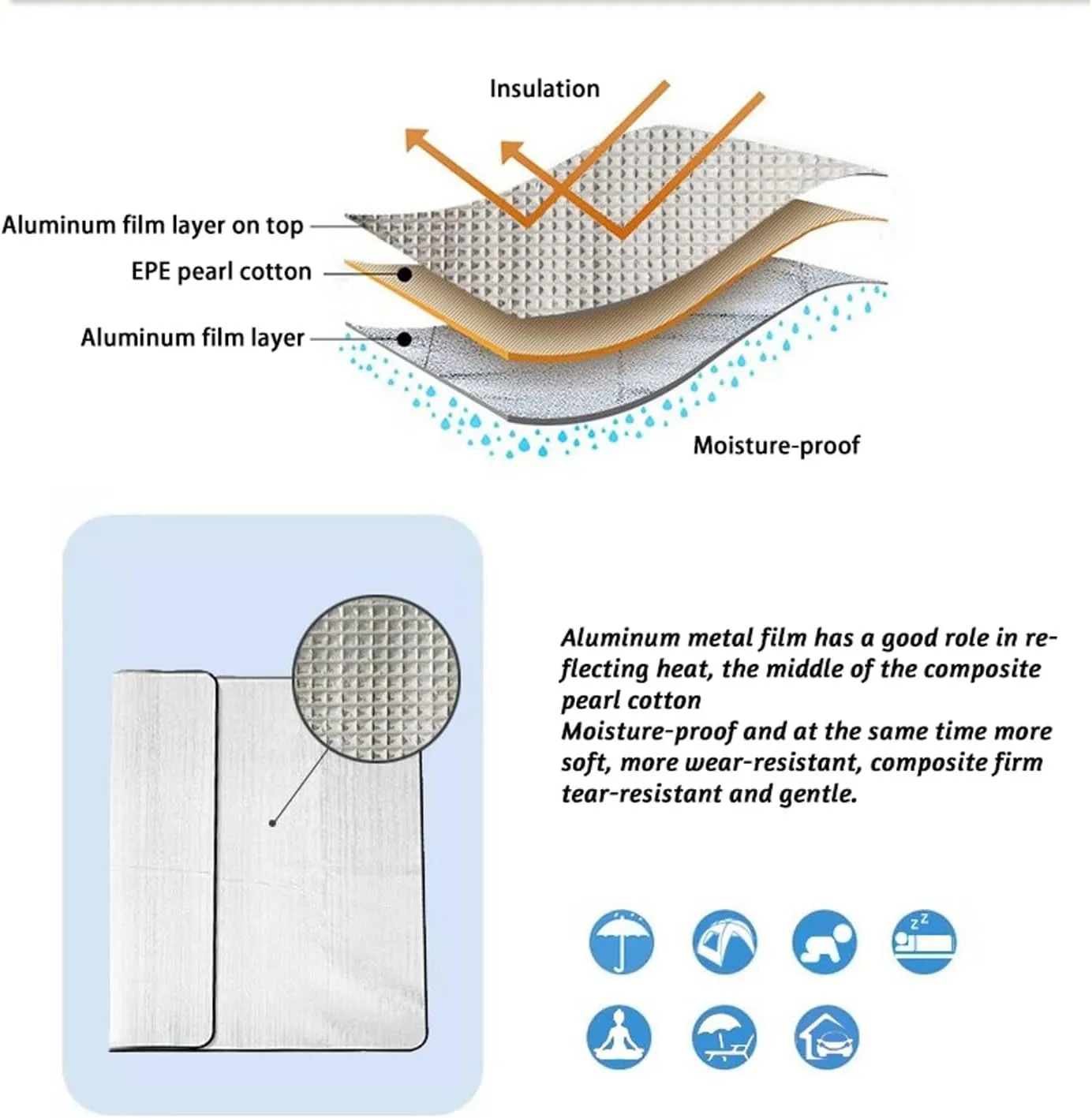 Sleeping Mat Aluminium Camping Mat Floor Pad Picnic Foldable Foil Mat Thermal Blanket Tent Mat, Ground Mat for Traveling and Outdoor Activitie, 9mm Thickness