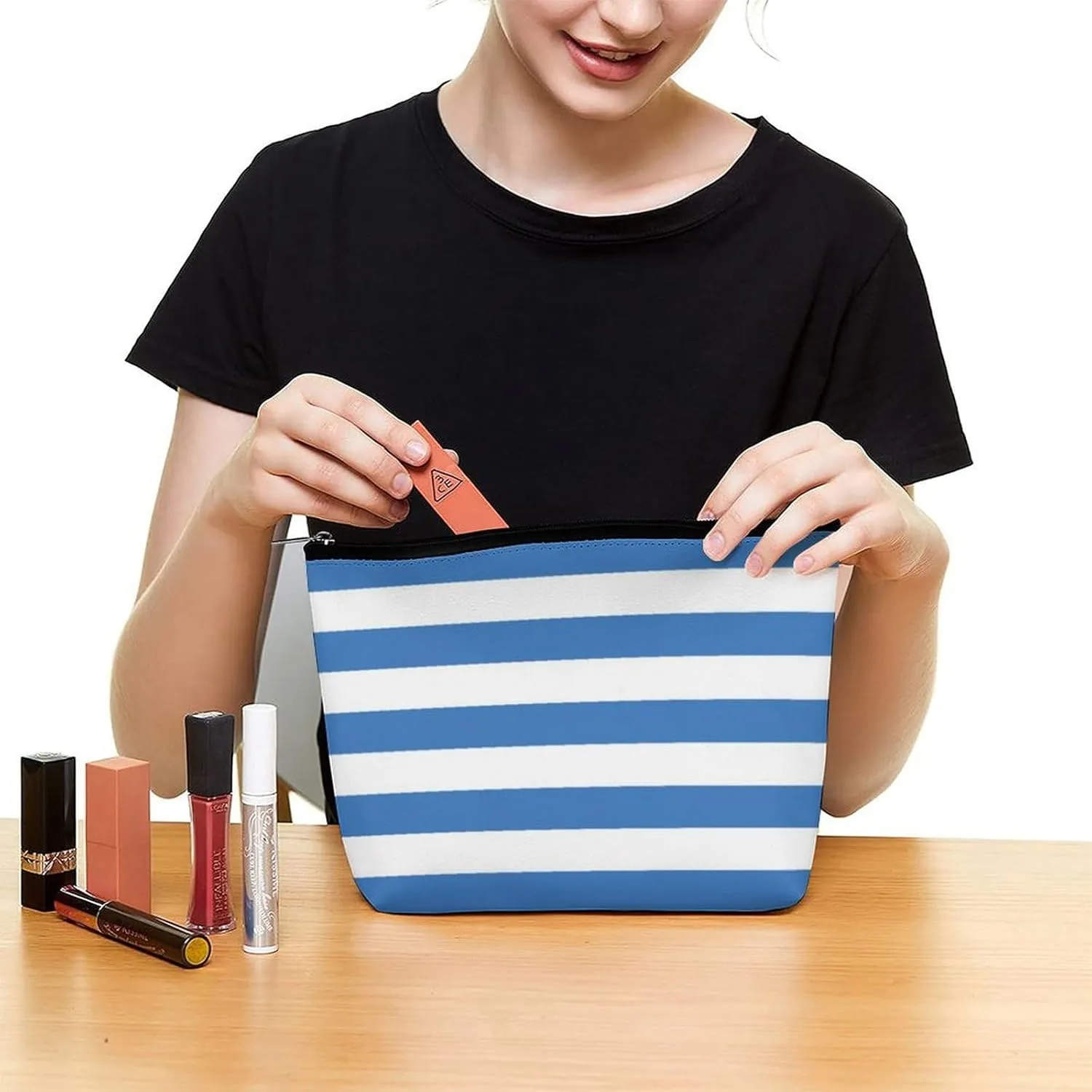 Small Cosmetic Bag, Blue and White Stripes Print Makeup Bags Elegant Roomy Pouch for Women,Travel Toiletry Accessories Organizer