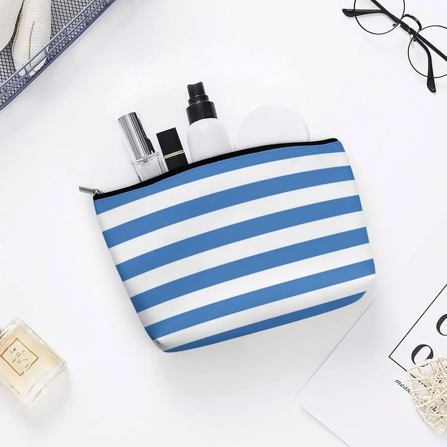 Small Cosmetic Bag, Blue and White Stripes Print Makeup Bags Elegant Roomy Pouch for Women,Travel Toiletry Accessories Organizer