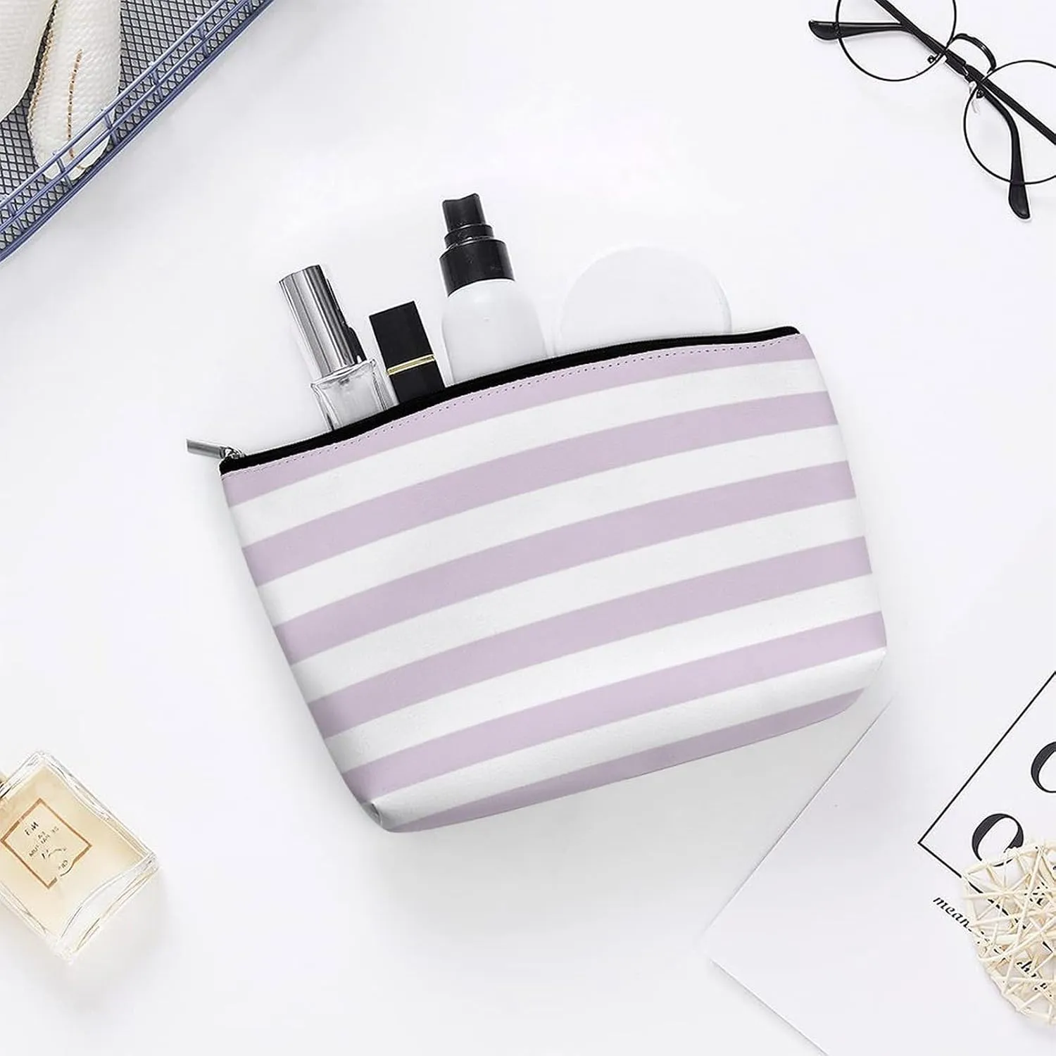Small Cosmetic Bag, Lilac Purple and White Stripes Makeup Bags Elegant Roomy Pouch for Women,Travel Toiletry Accessories Organizer