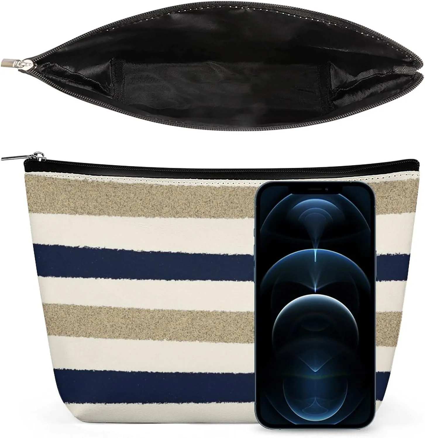Small Cosmetic Bag, Navy Beige White Stripes Makeup Bags Elegant Roomy Pouch for Women,Travel Toiletry Accessories Organizer