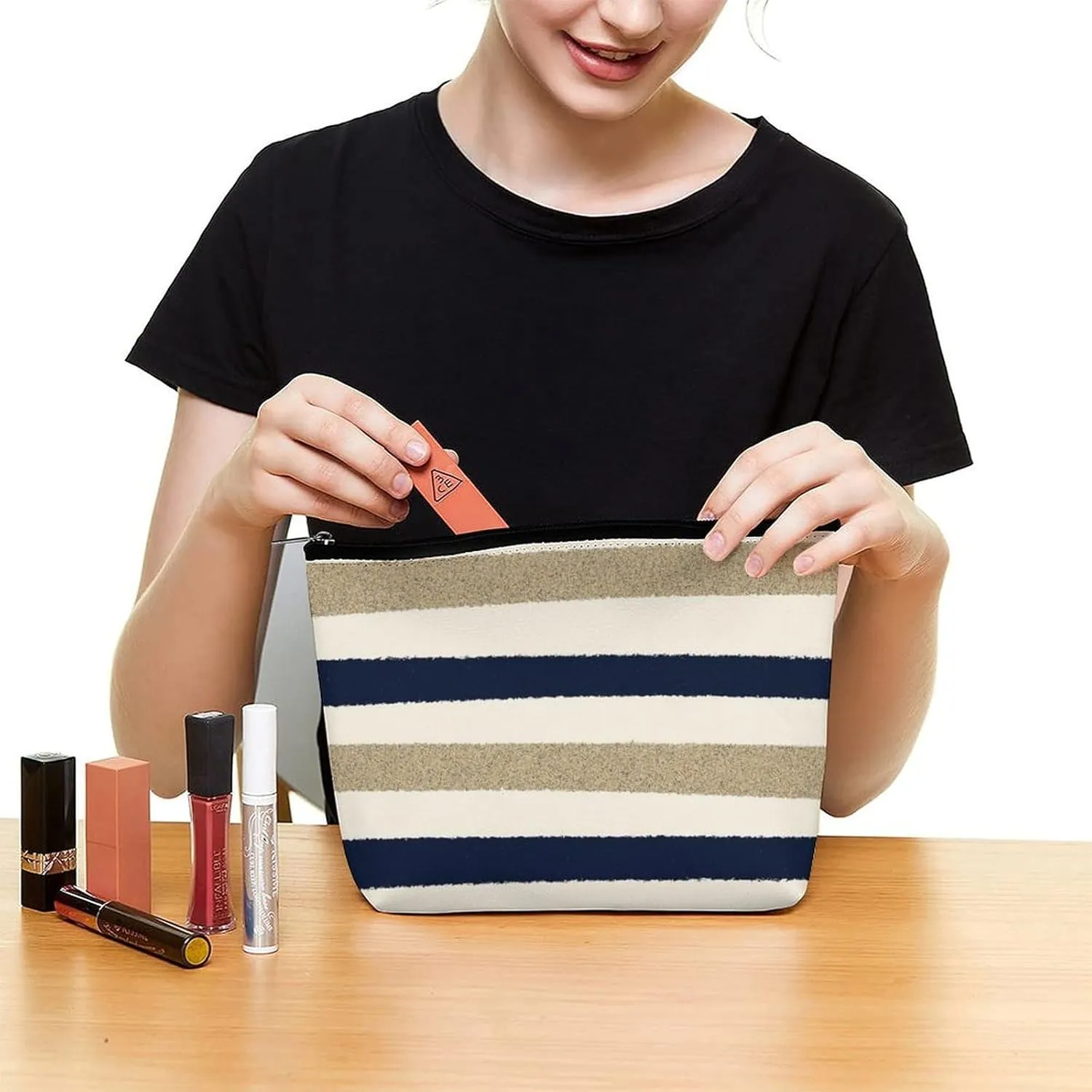Small Cosmetic Bag, Navy Beige White Stripes Makeup Bags Elegant Roomy Pouch for Women,Travel Toiletry Accessories Organizer