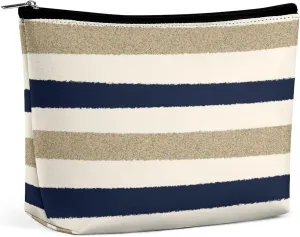 Small Cosmetic Bag, Navy Beige White Stripes Makeup Bags Elegant Roomy Pouch for Women,Travel Toiletry Accessories Organizer