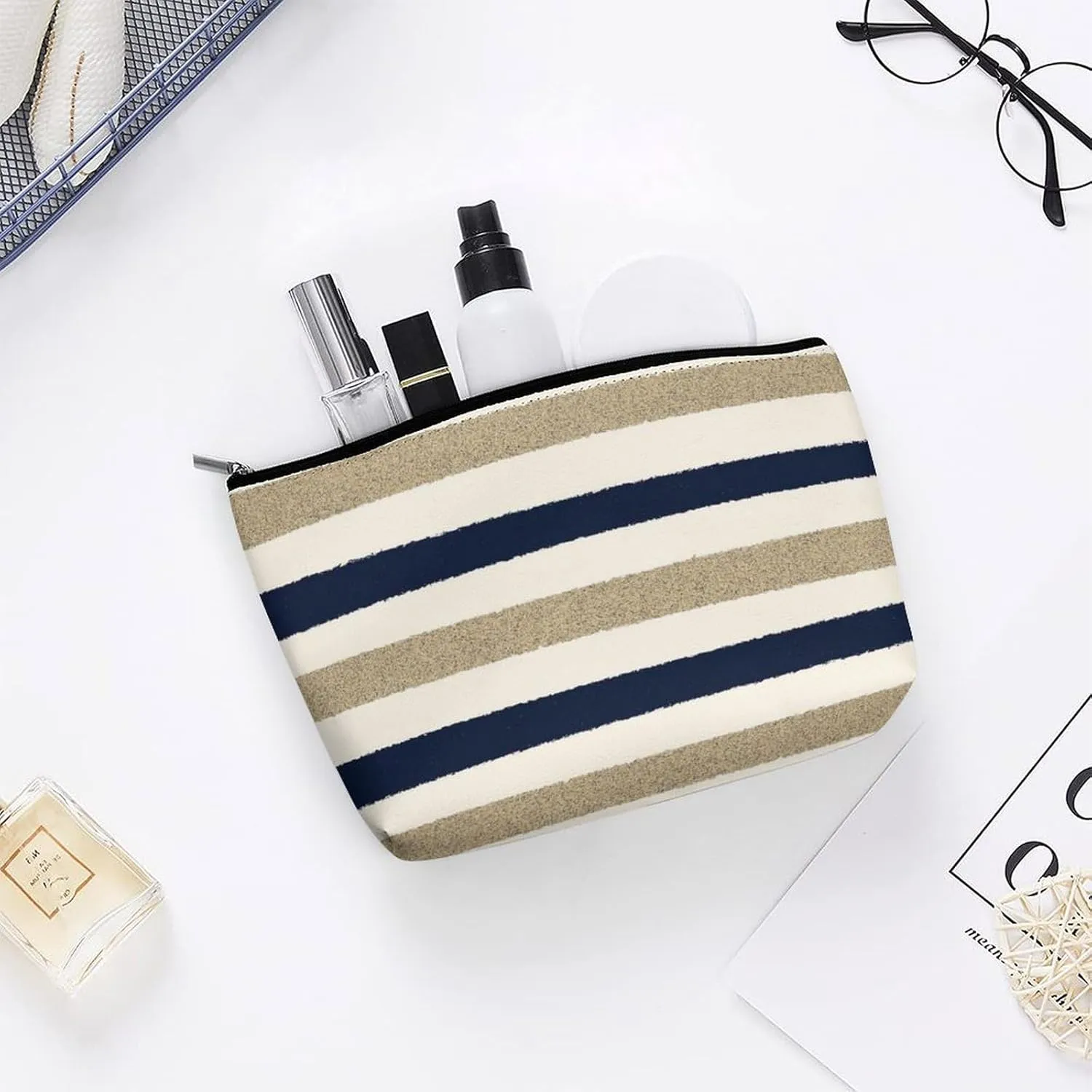 Small Cosmetic Bag, Navy Beige White Stripes Makeup Bags Elegant Roomy Pouch for Women,Travel Toiletry Accessories Organizer
