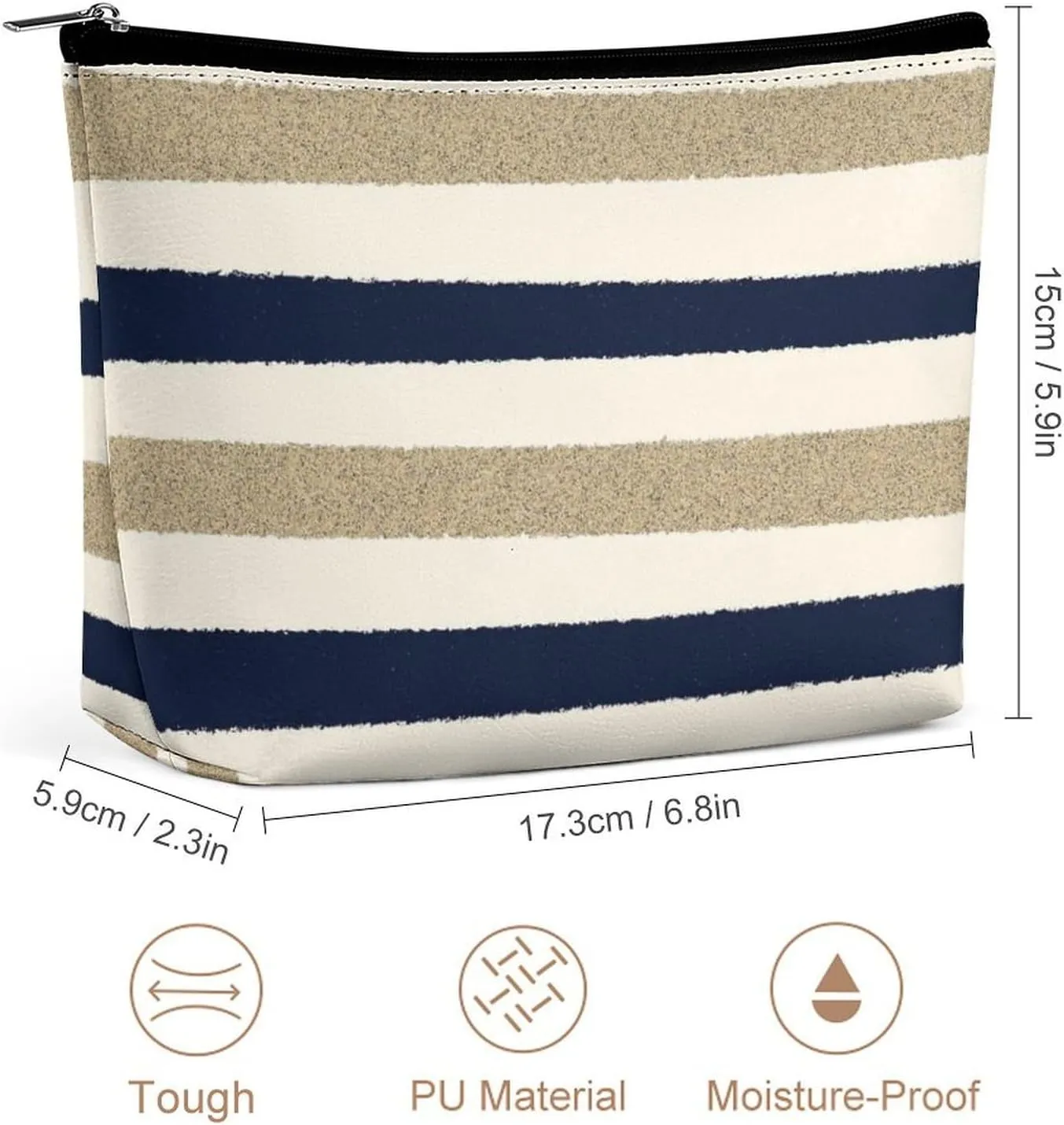 Small Cosmetic Bag, Navy Beige White Stripes Makeup Bags Elegant Roomy Pouch for Women,Travel Toiletry Accessories Organizer