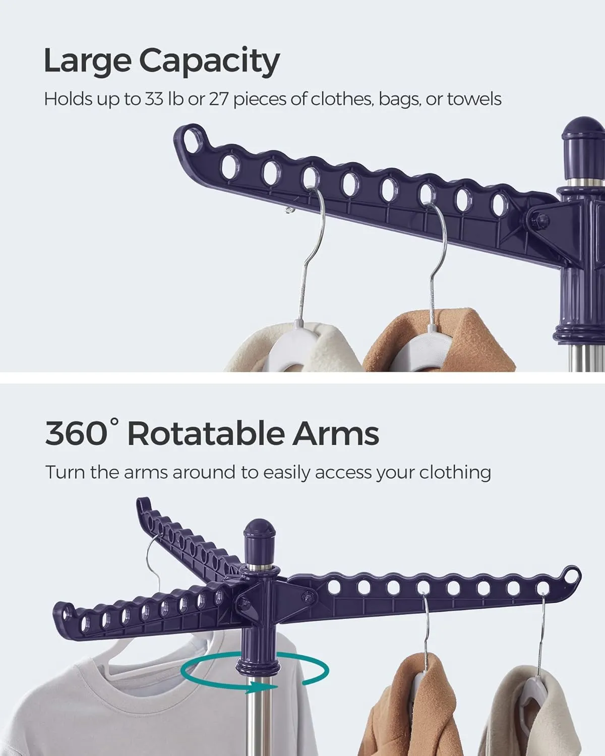 SONGMICS Clothes Drying Rack, 59-Inch High Folding Laundry Drying Rack with 3 Rotatable Arms for Hangers, 4 Legs, Stainless Steel, for 27 Pieces of Clothes, Blue and Silver ULLR510Q01