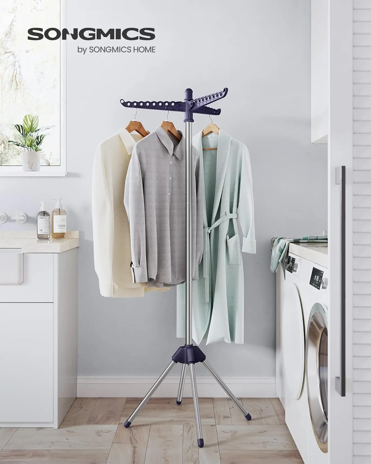SONGMICS Clothes Drying Rack, 59-Inch High Folding Laundry Drying Rack with 3 Rotatable Arms for Hangers, 4 Legs, Stainless Steel, for 27 Pieces of Clothes, Blue and Silver ULLR510Q01