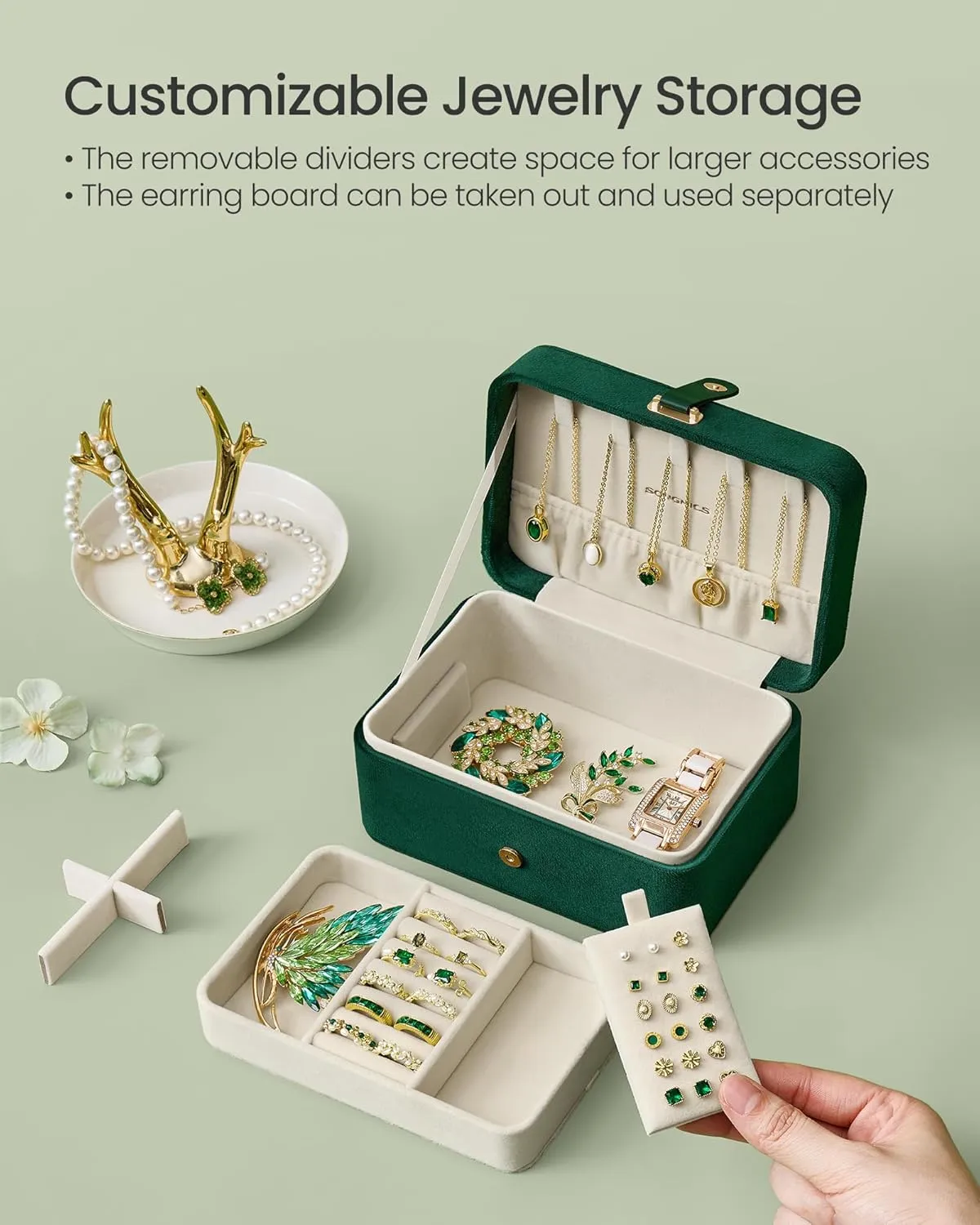 SONGMICS Jewelry Box, Travel Jewelry Case, 2-Layer Jewelry Holder Organizer, Portable Versatile Earring Storage, for Larger Accessories, Retro Green UJBC166C04