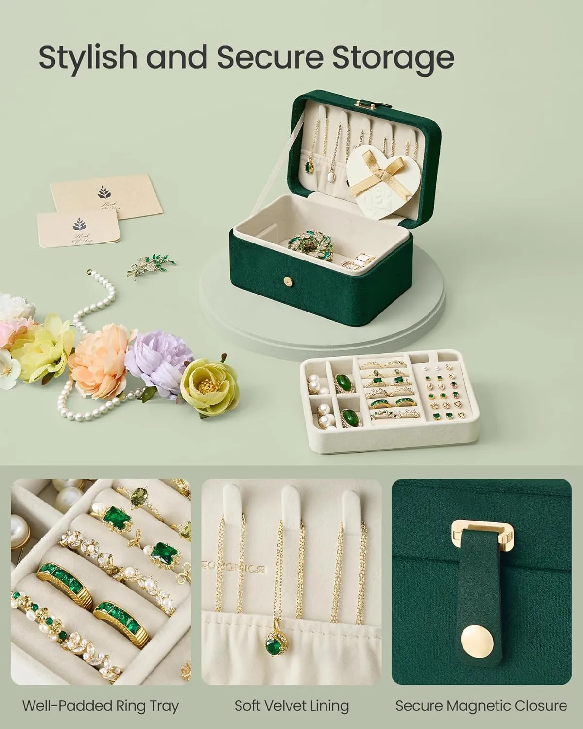 SONGMICS Jewelry Box, Travel Jewelry Case, 2-Layer Jewelry Holder Organizer, Portable Versatile Earring Storage, for Larger Accessories, Retro Green UJBC166C04