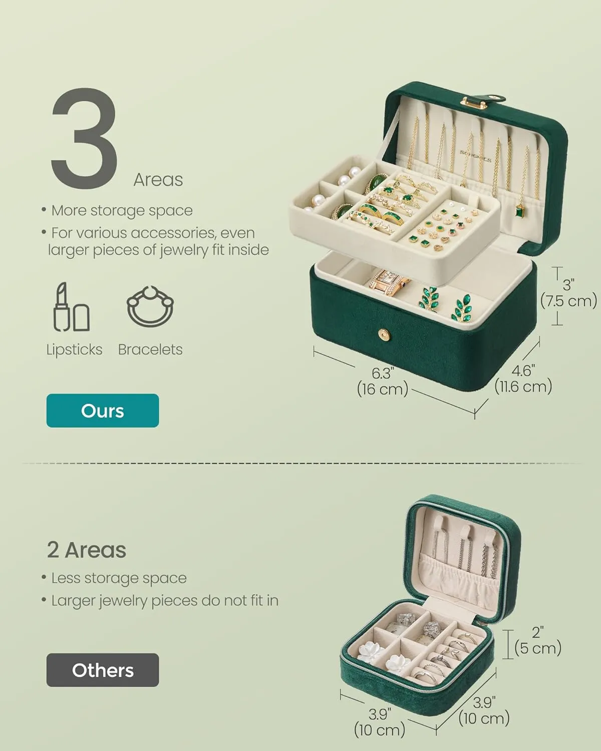 SONGMICS Jewelry Box, Travel Jewelry Case, 2-Layer Jewelry Holder Organizer, Portable Versatile Earring Storage, for Larger Accessories, Retro Green UJBC166C04