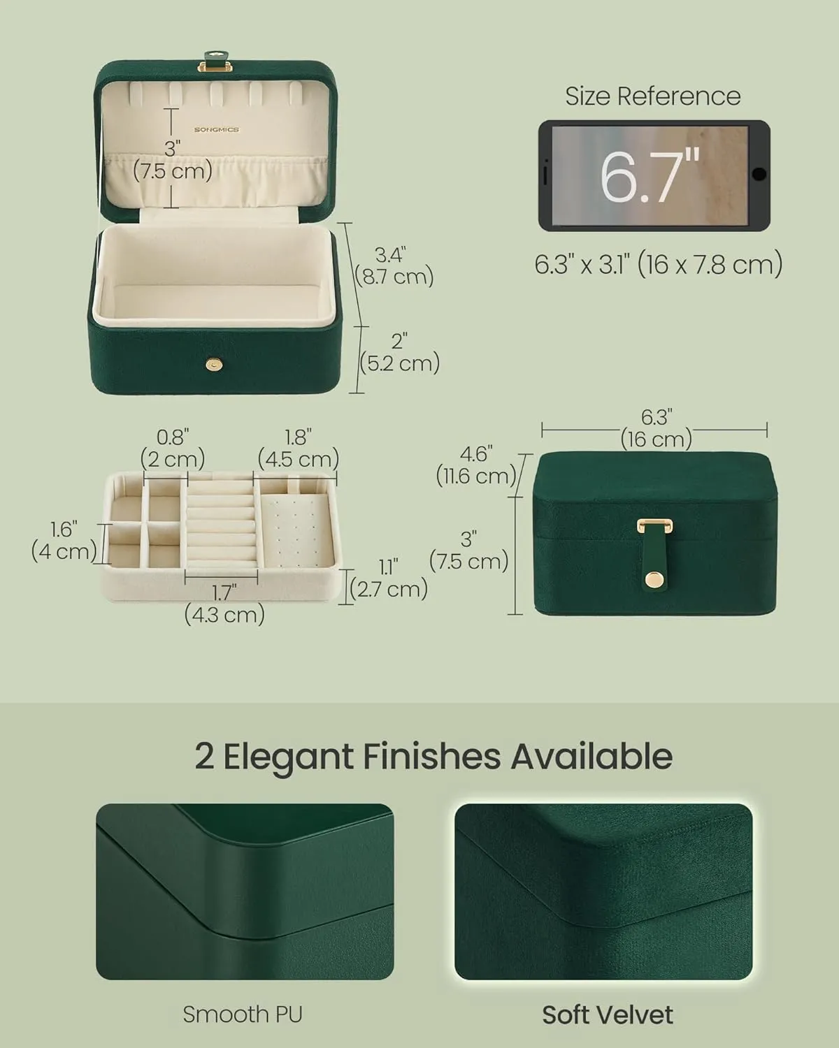 SONGMICS Jewelry Box, Travel Jewelry Case, 2-Layer Jewelry Holder Organizer, Portable Versatile Earring Storage, for Larger Accessories, Retro Green UJBC166C04