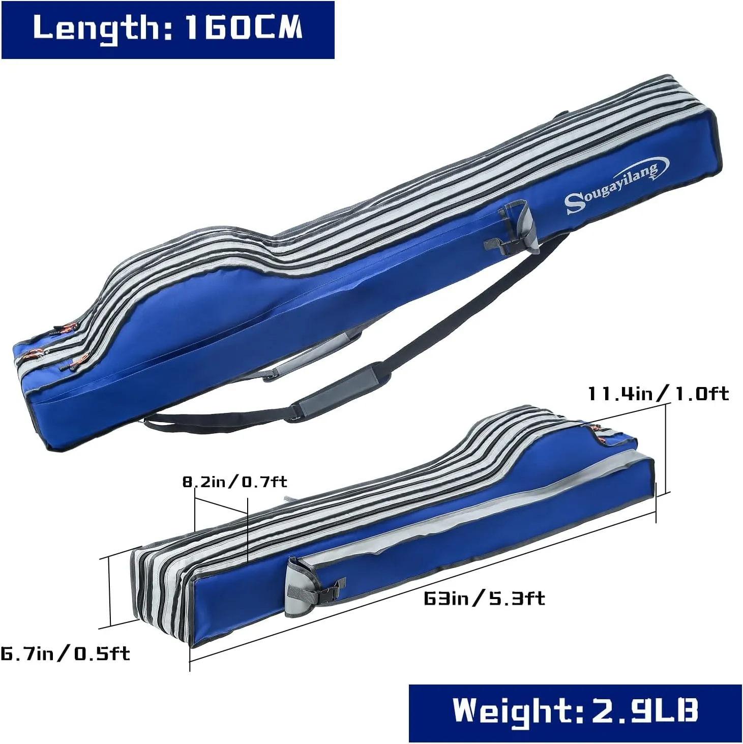 Sougayilang Fishing Rod Bag - 3 Layer Organizer, Pole Case, Storage Bag, Rod and Reel Carrier for Travel - 160cm/63in