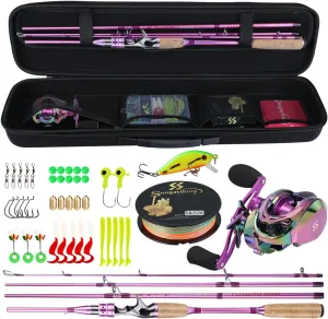 Sougayilang Fishing Rod Reel Combo,Carbon Fiber Protable Casting Spinning Fishing Pole and Colorful Casting Reel for Travel 4 Pieces Freshwater