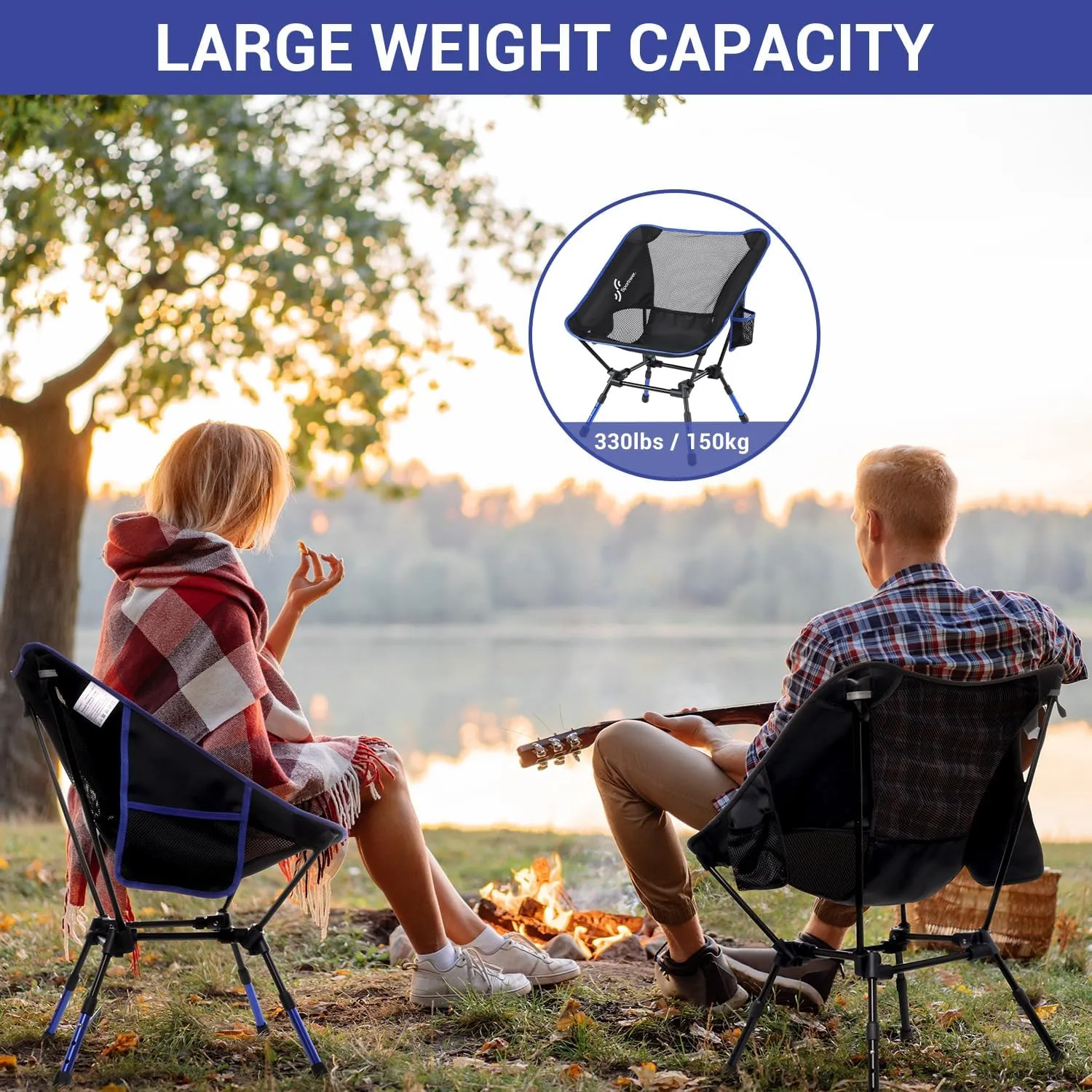 Sportneer Camping Chair: 3 Heights Adjustable Lawn Chairs with 2 Side Pockets - Compact & Portable Folding Chairs for Outside, Camping, Hiking, Picnic and Beach (1, Blue)