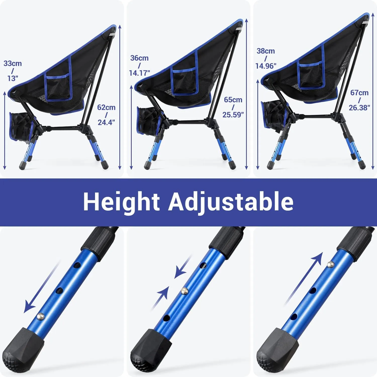 Sportneer Camping Chair: 3 Heights Adjustable Lawn Chairs with 2 Side Pockets - Compact & Portable Folding Chairs for Outside, Camping, Hiking, Picnic and Beach (1, Blue)