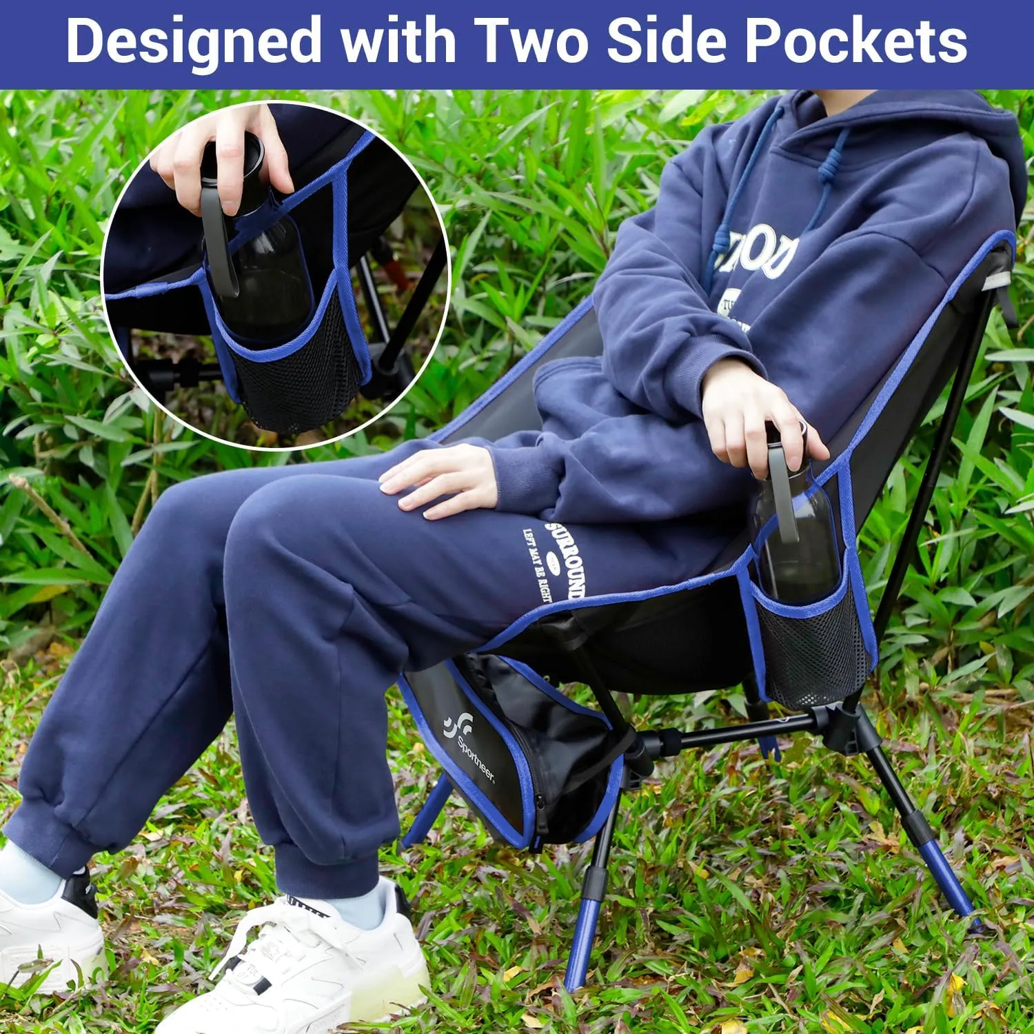 Sportneer Camping Chair: 3 Heights Adjustable Lawn Chairs with 2 Side Pockets - Compact & Portable Folding Chairs for Outside, Camping, Hiking, Picnic and Beach (1, Blue)