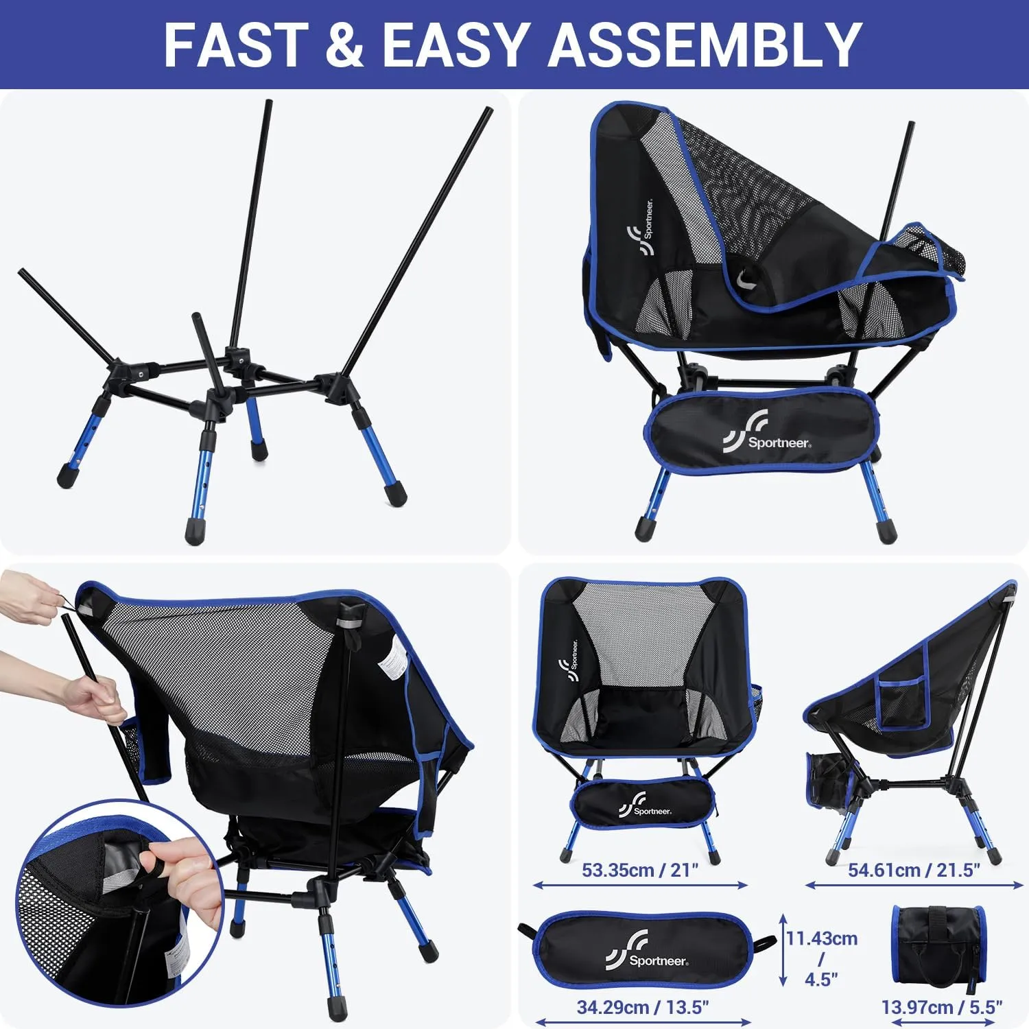 Sportneer Camping Chair: 3 Heights Adjustable Lawn Chairs with 2 Side Pockets - Compact & Portable Folding Chairs for Outside, Camping, Hiking, Picnic and Beach (1, Blue)