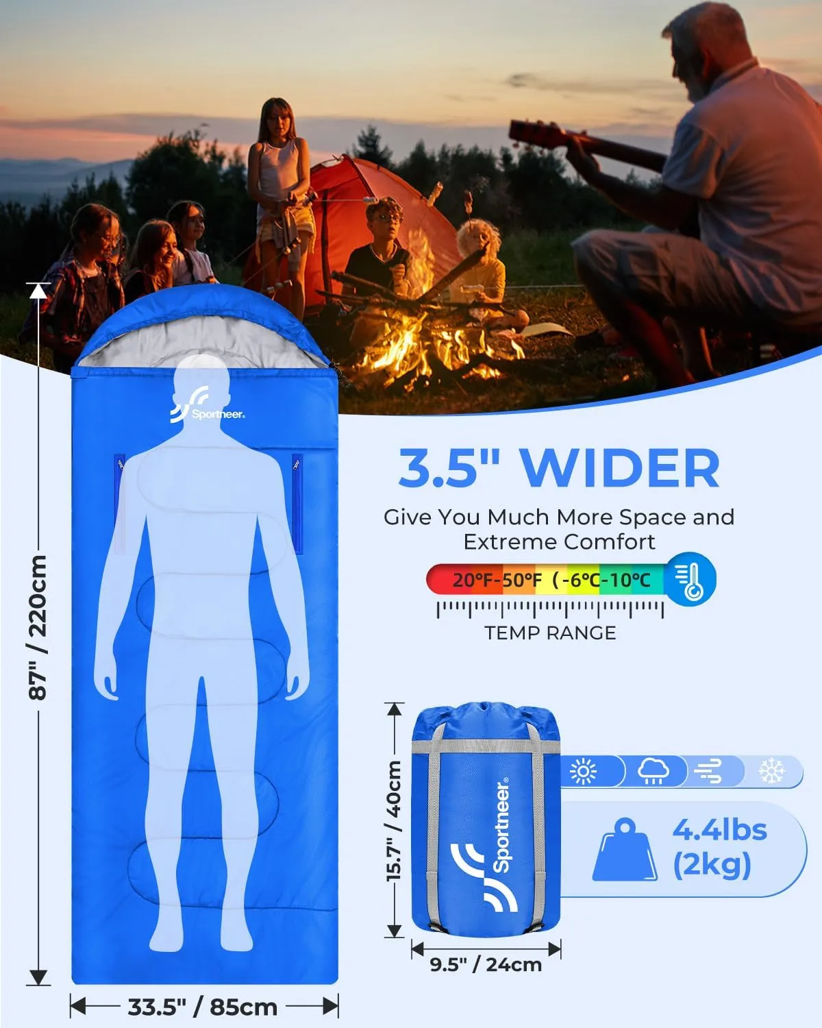 Sportneer Sleeping Bag - Wearable for Adults & Kids with Arm Zipper Holes in Cold & Warm Weather, Waterproof Portable Sleeping Bag for Camping, Hiking, Backpacking, Outdoor Travel
